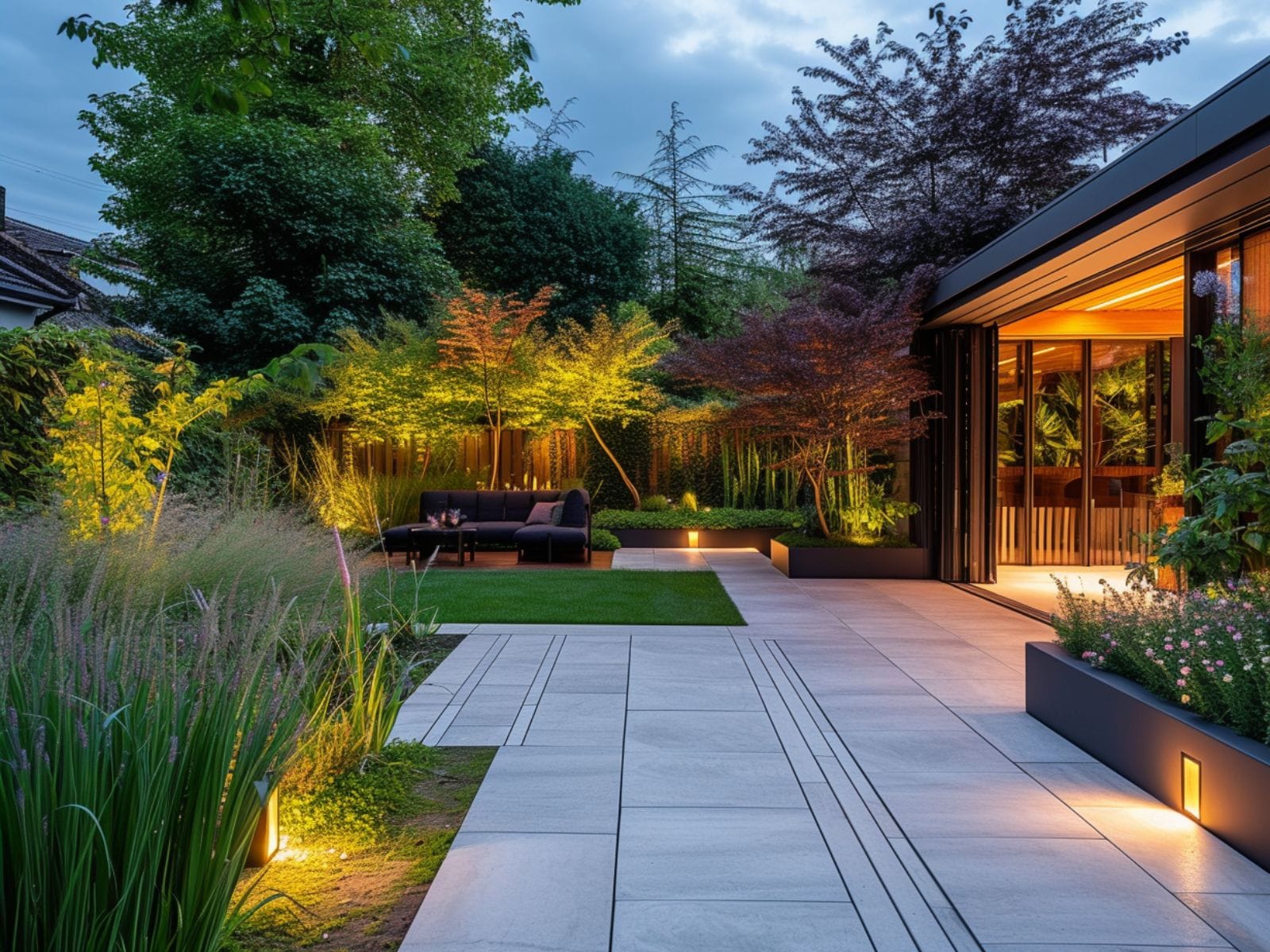 Multiple spotlights illuminating a garden and backyard for landscaping
