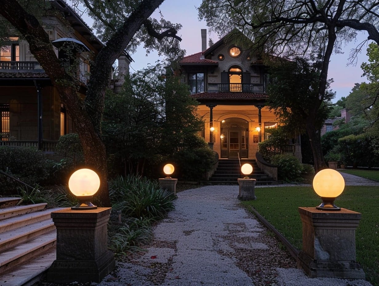 Garden globe lights installed in a house's front yard