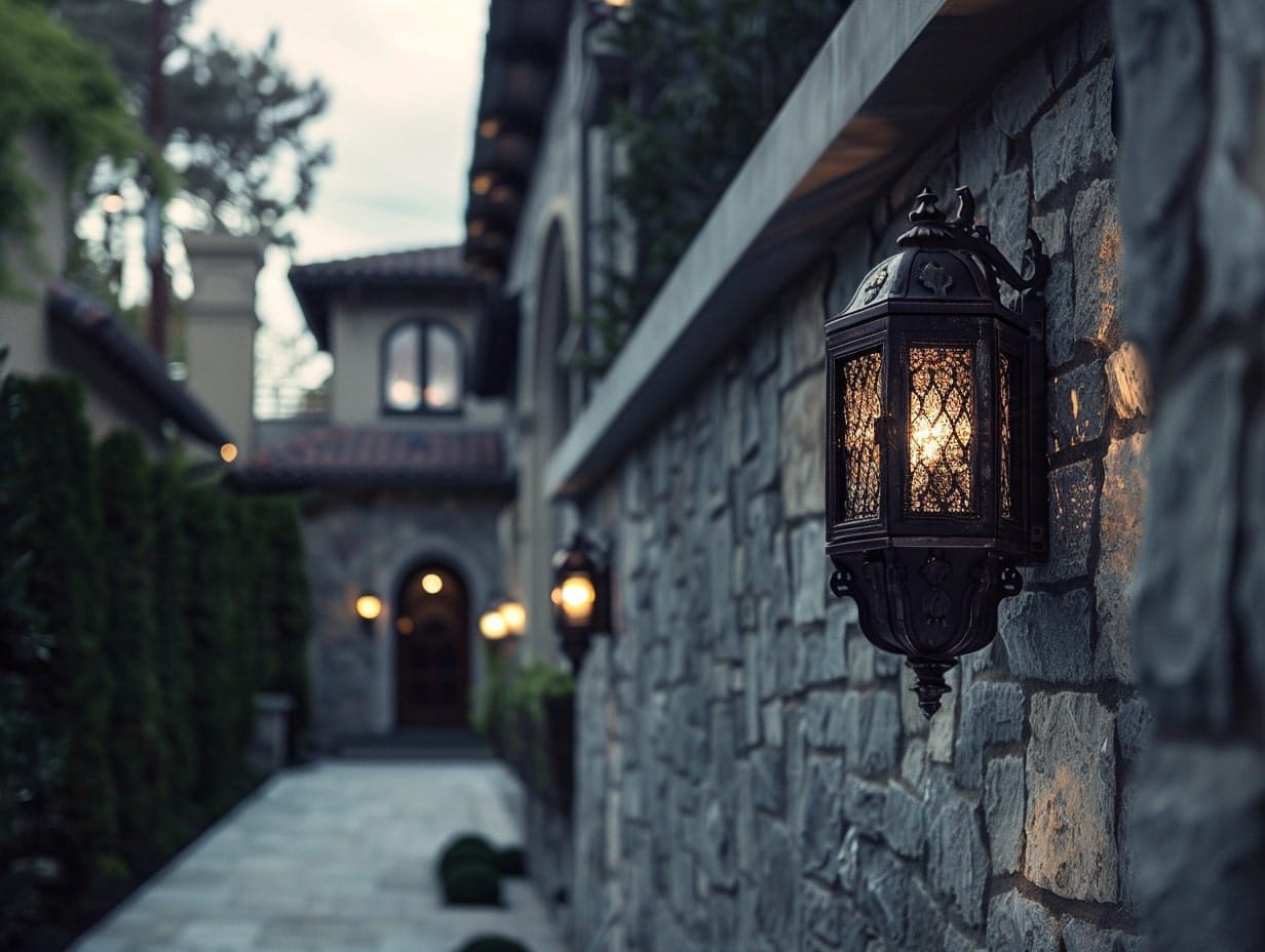 Gothic-style lanterns installed on an exterior stone wall