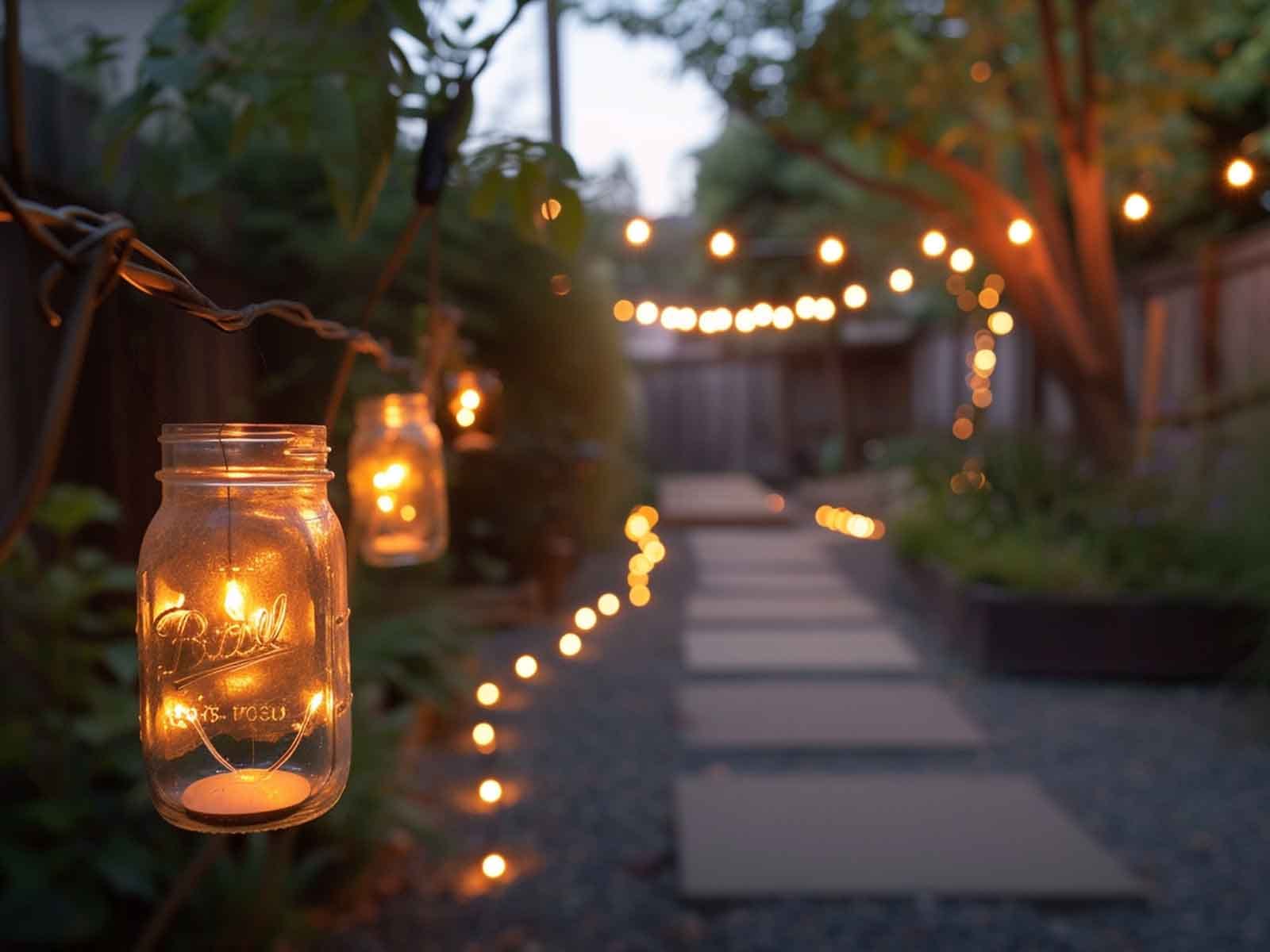 Hanging mason jar lights decorating a garden
