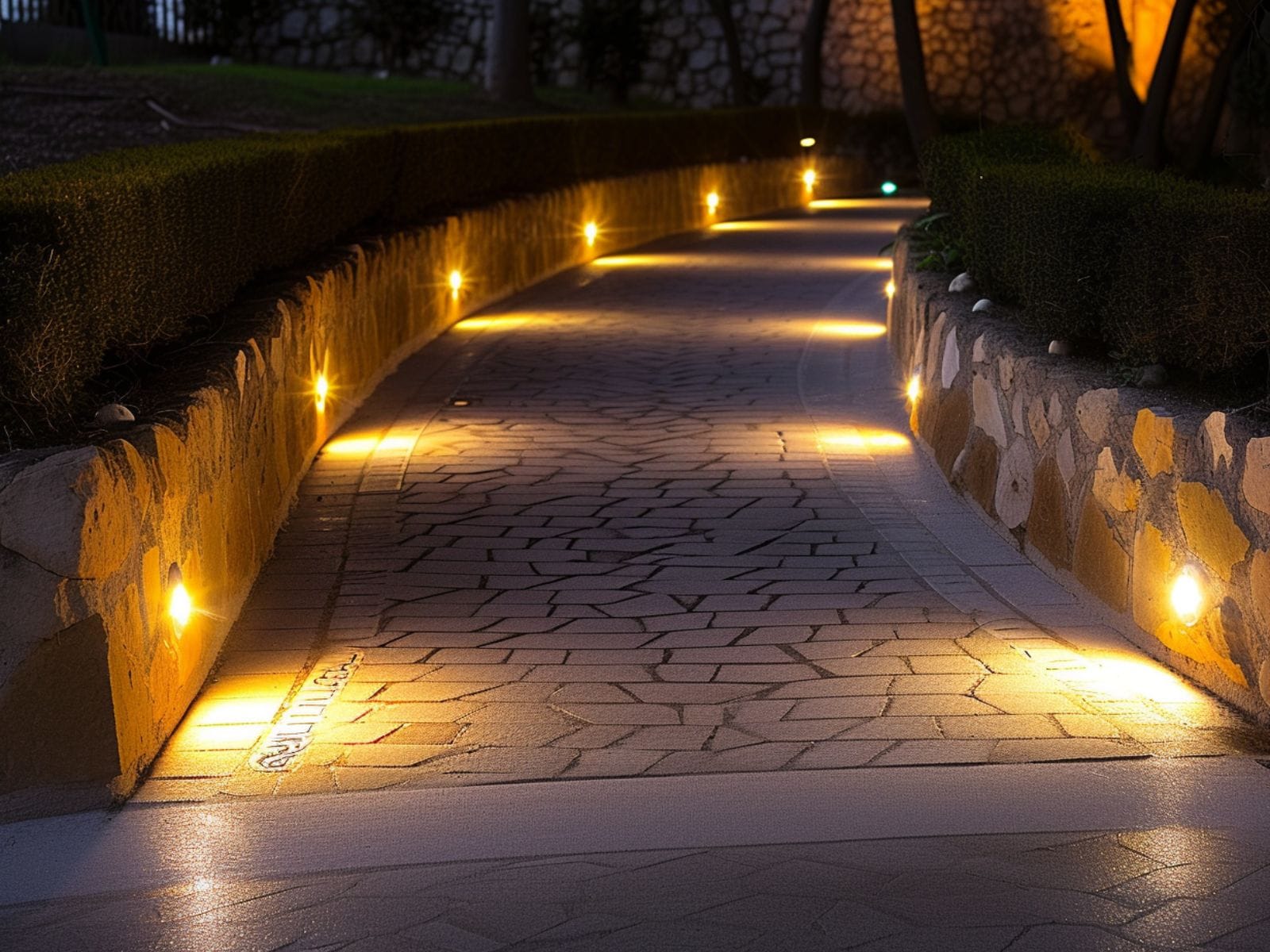 Hardscape recessed lights integrated into a pathway wall for landscaping