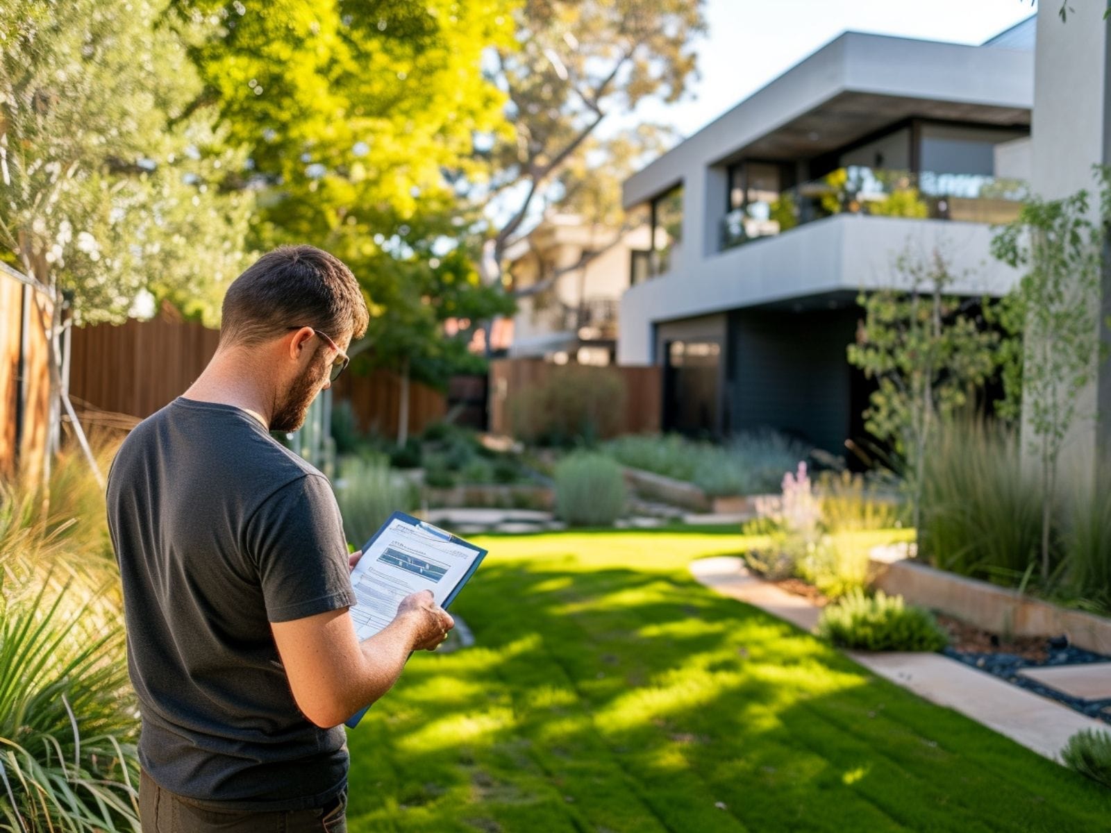 A man assessing areas of a garden for lighting purposes