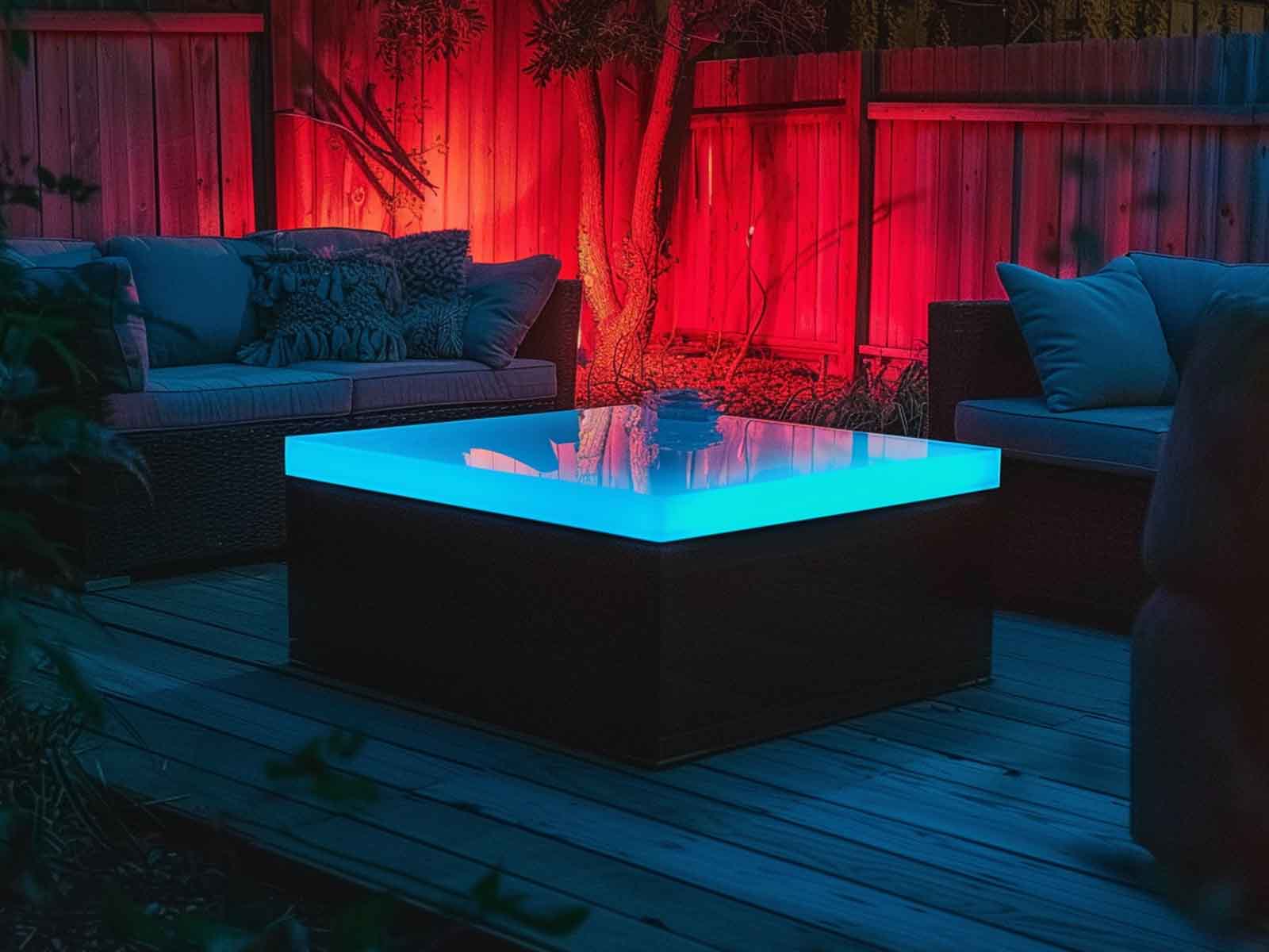 An illuminated table on a garden deck