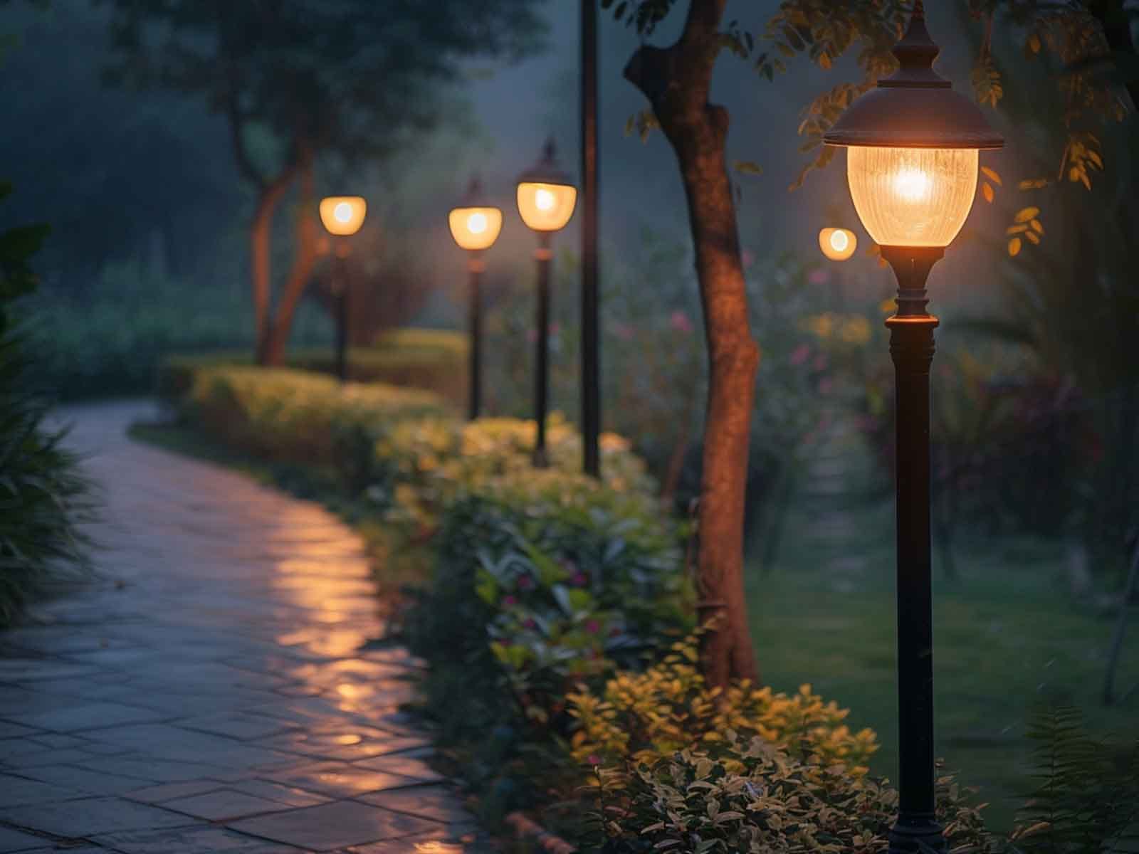 Lantern posts installed along a garden walkway
