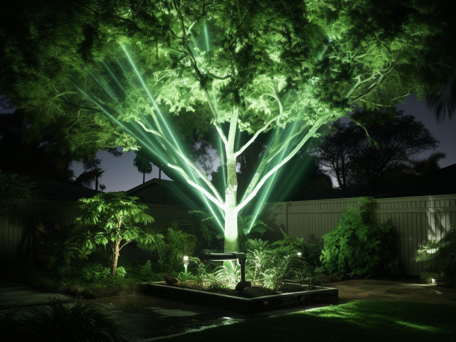 Green laser lights illuminating a garden tree