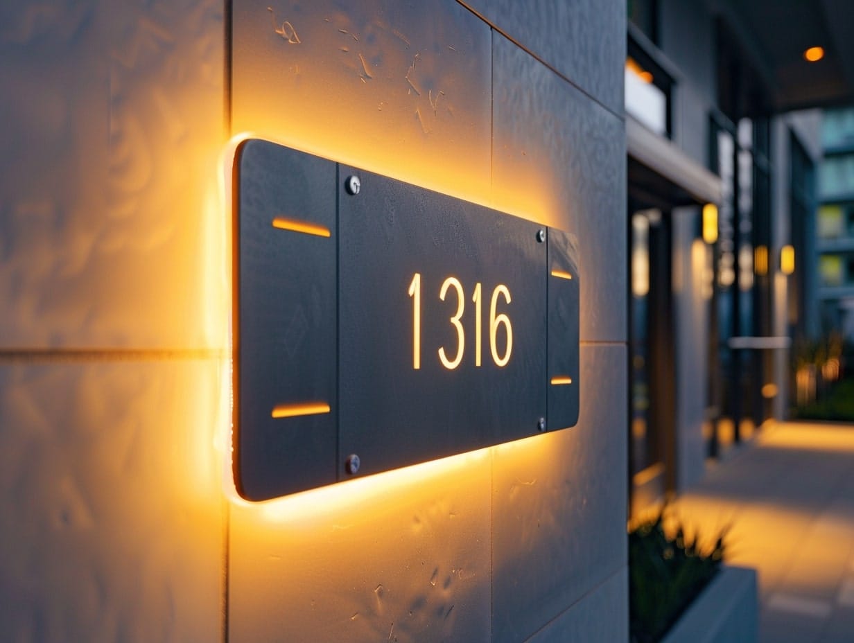 An LED address plaque installed at the front entrance of a house