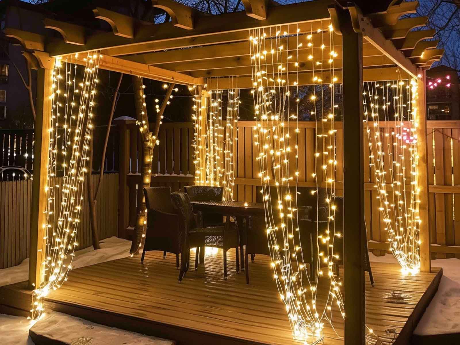 Curtain lights hanging from a pergola roof