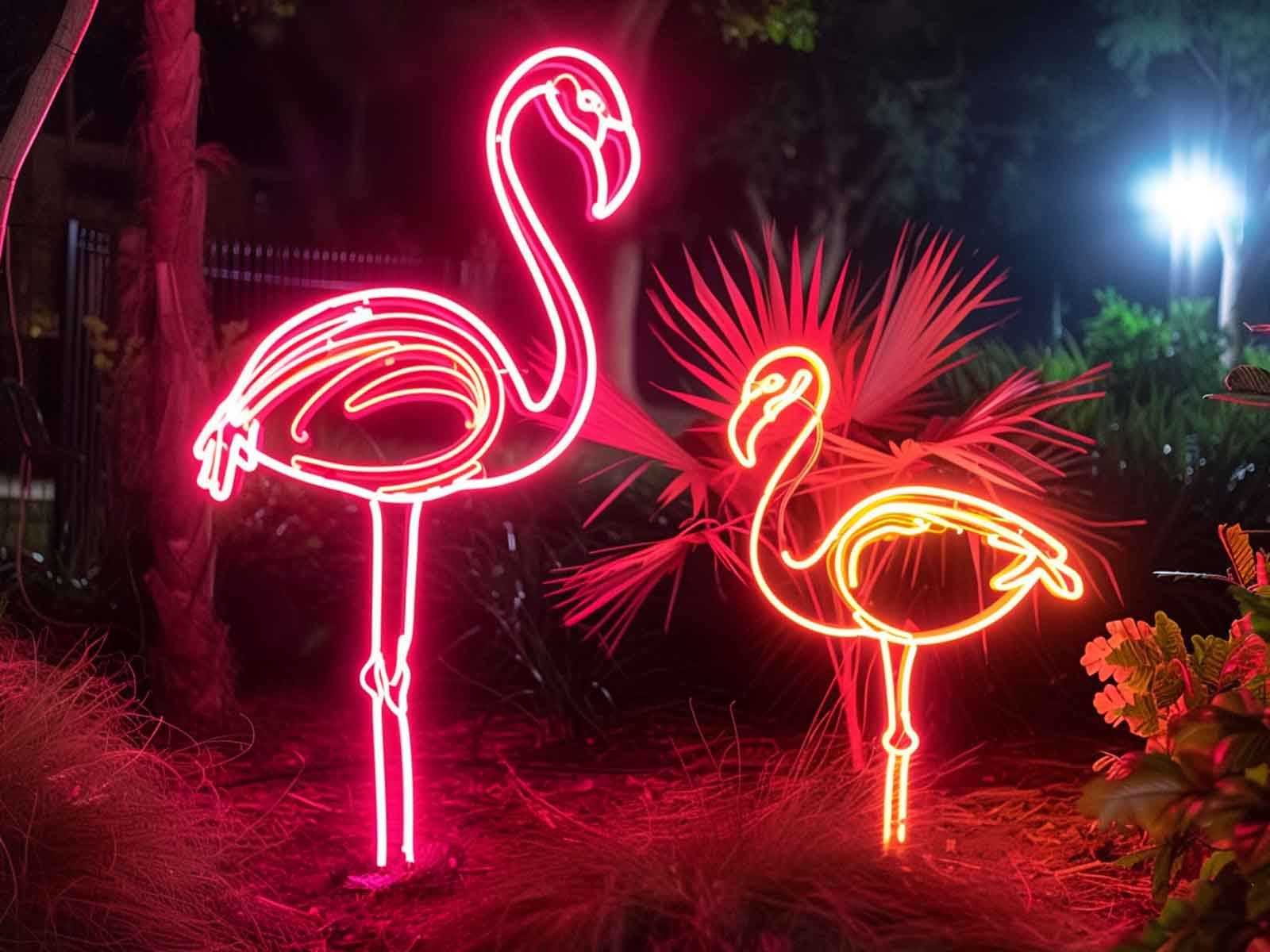 Swan-shaped LED neon lights installed in a garden