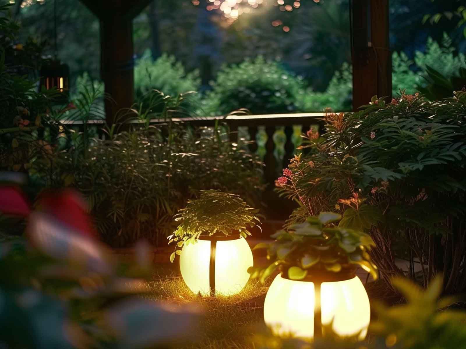 LED garden planters glowing in the midst of a garden