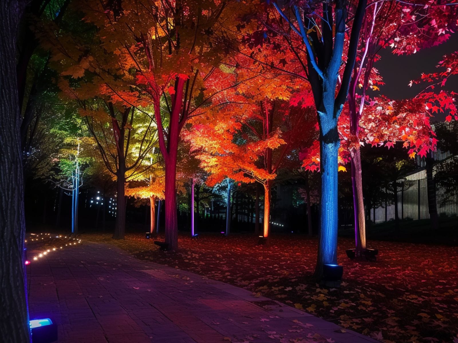 Multicolor LED spotlights providing an uplighting effect to garden trees 