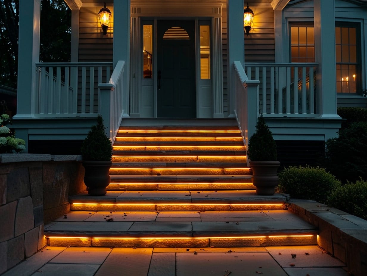 LED strip lights illuminating the front staircase of a house