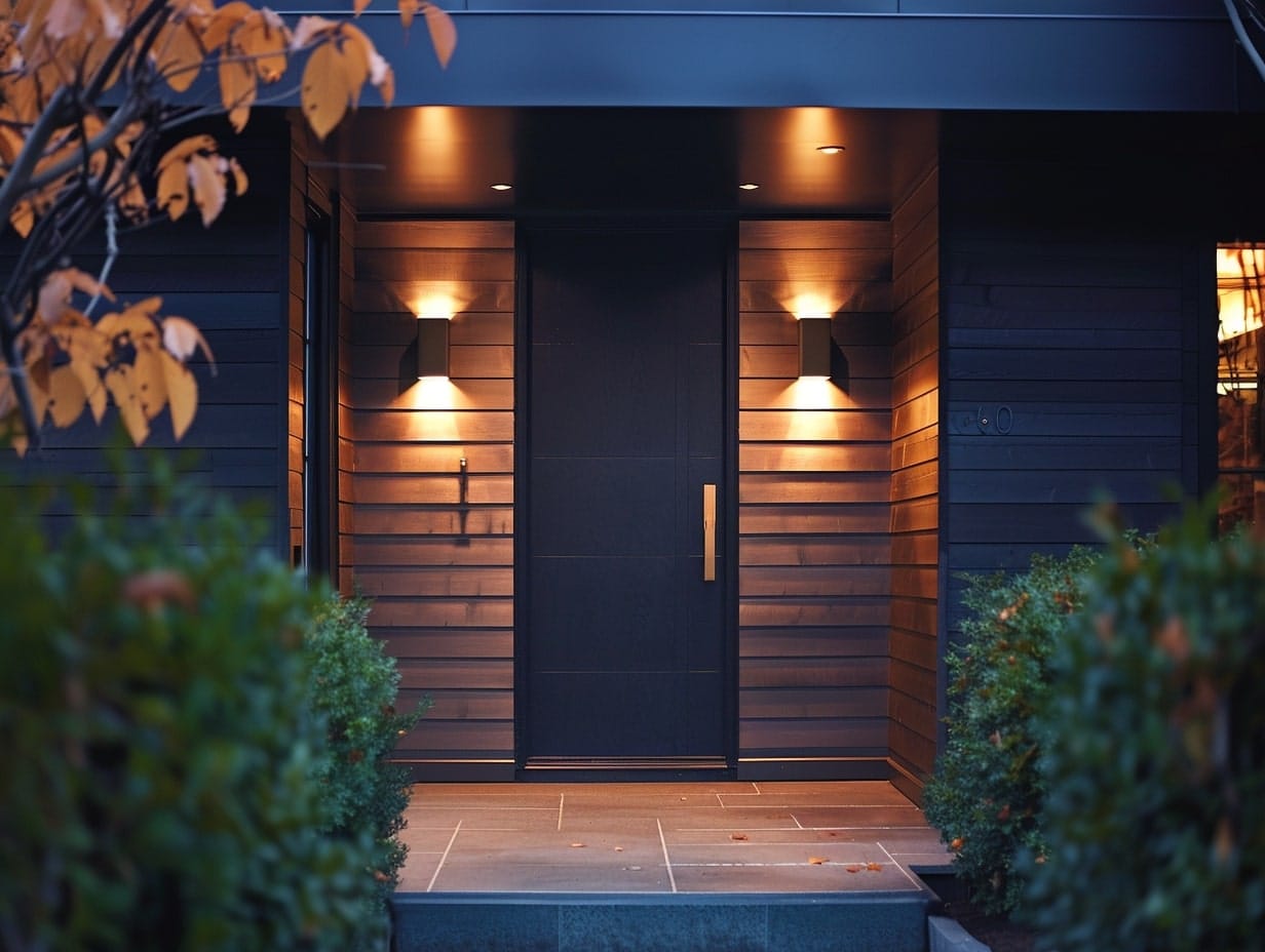 Modern wall sconces illuminating the front door of a house