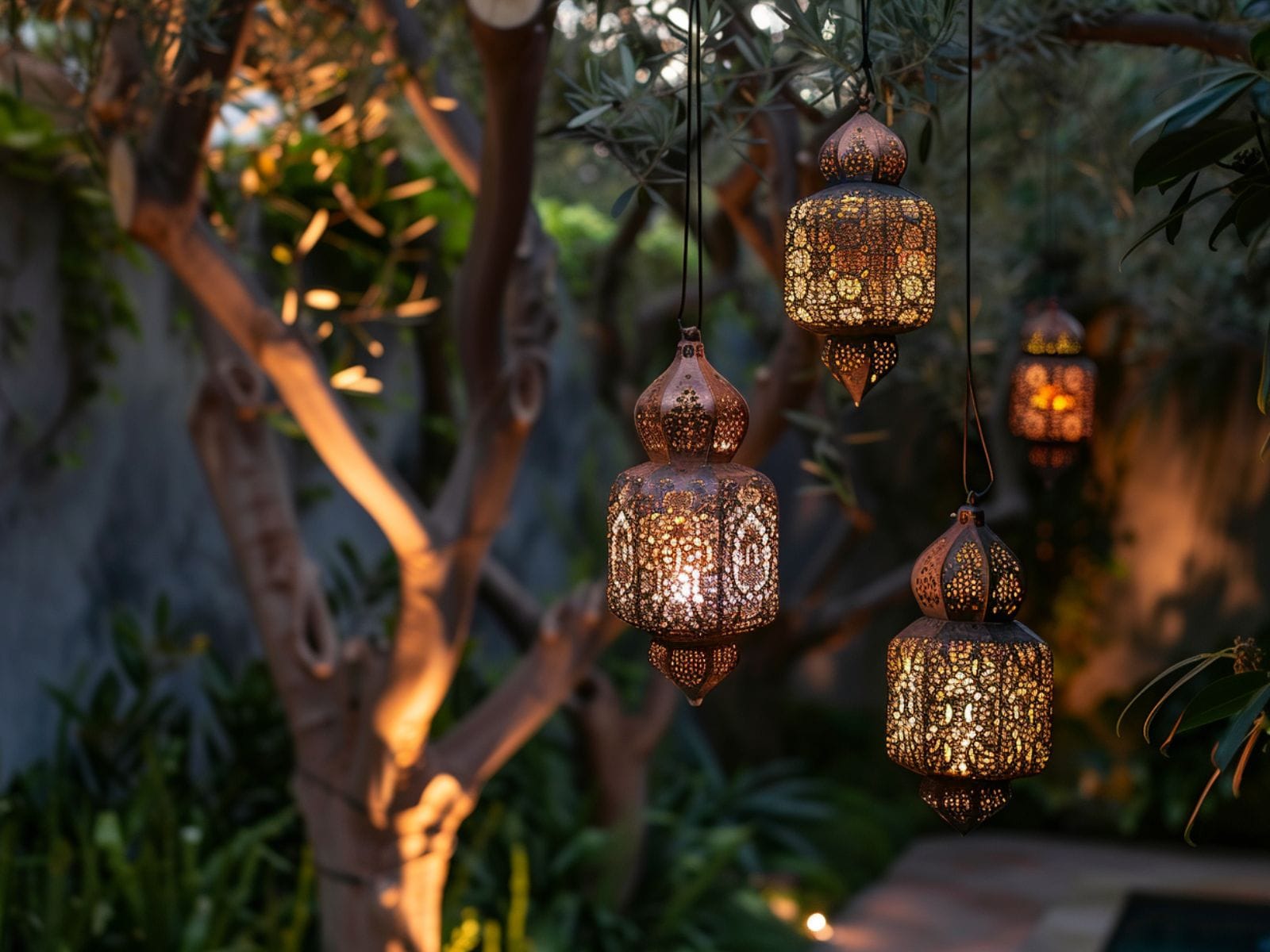 Moroccan lanterns hanging from a tree branch