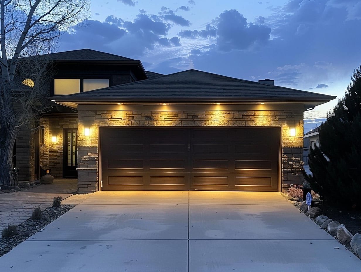 Motion-sensor lights illuminating a garage in the front of a house