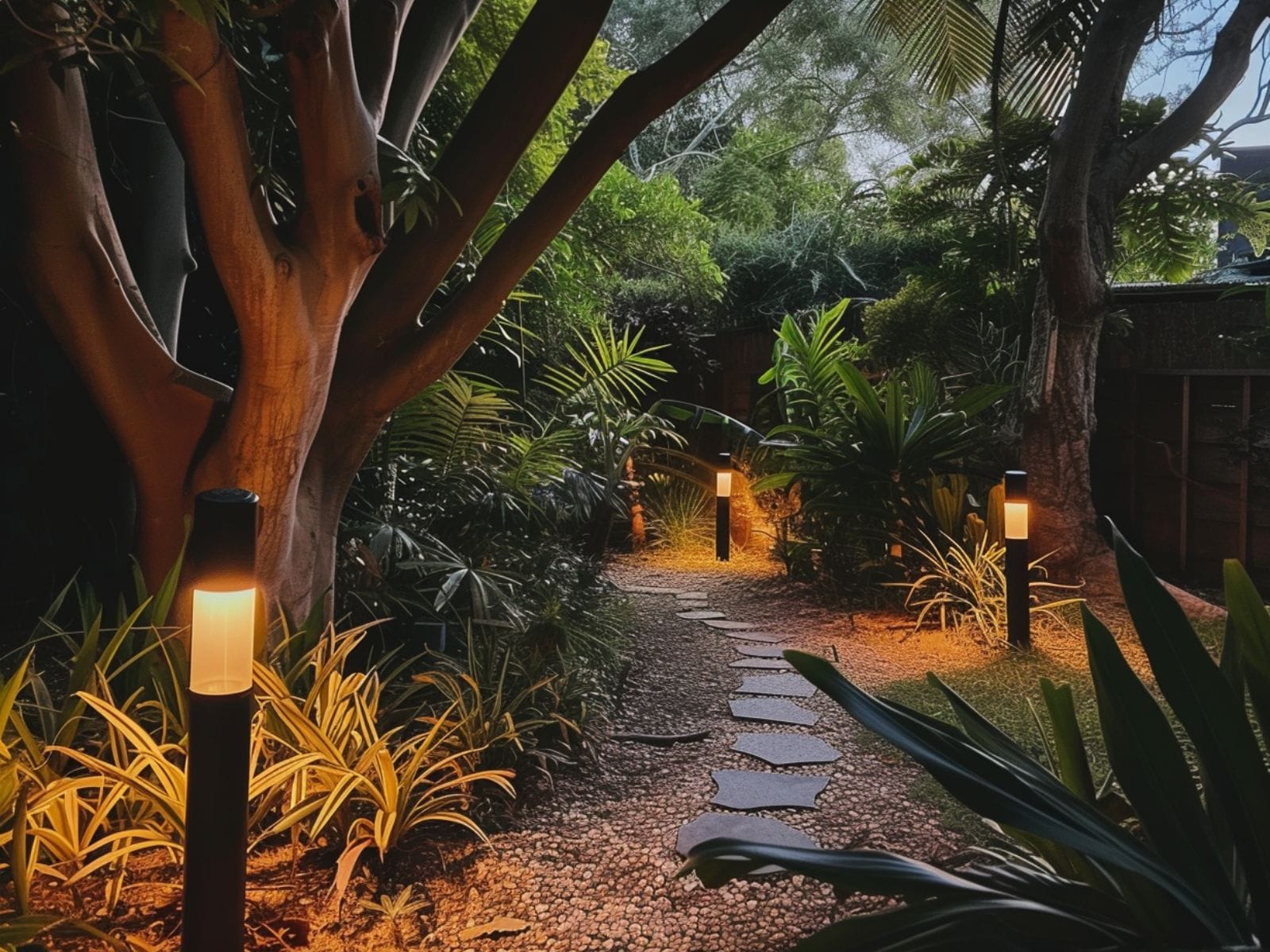 Motion sensor bollard lights illuminating a pathway around trees