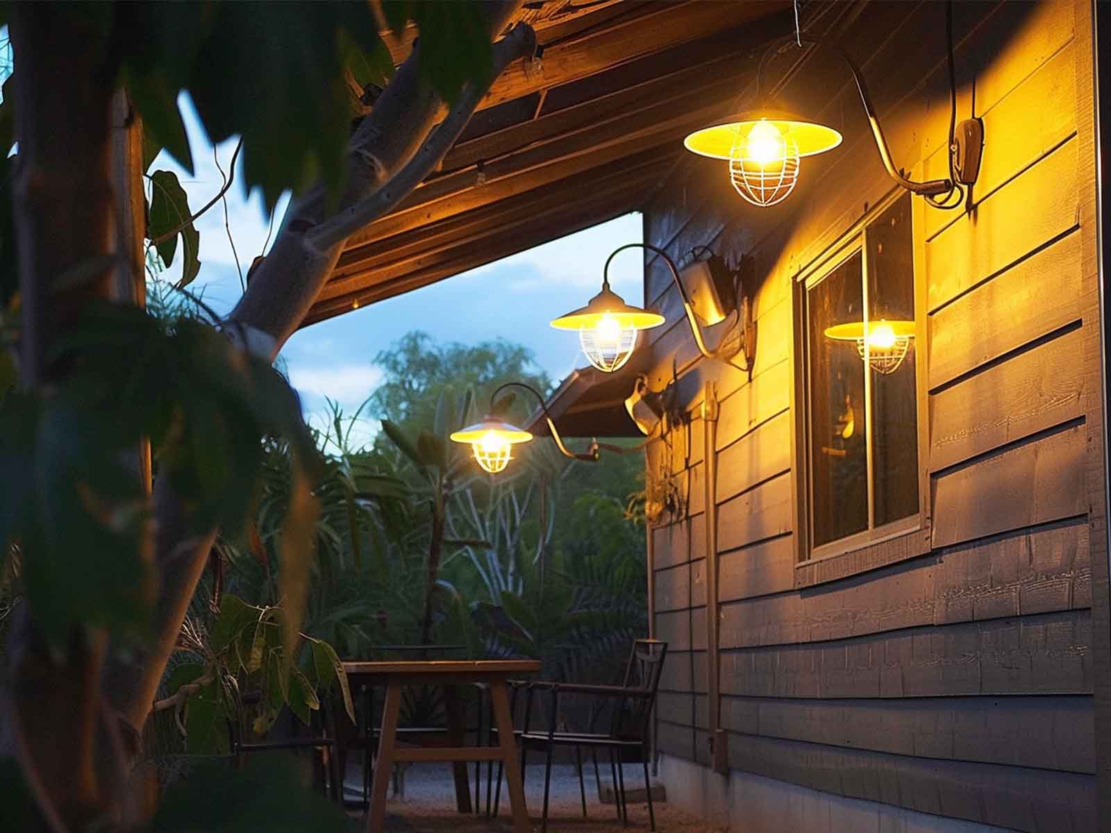 Gooseneck lights installed on a wall near a garden dining area