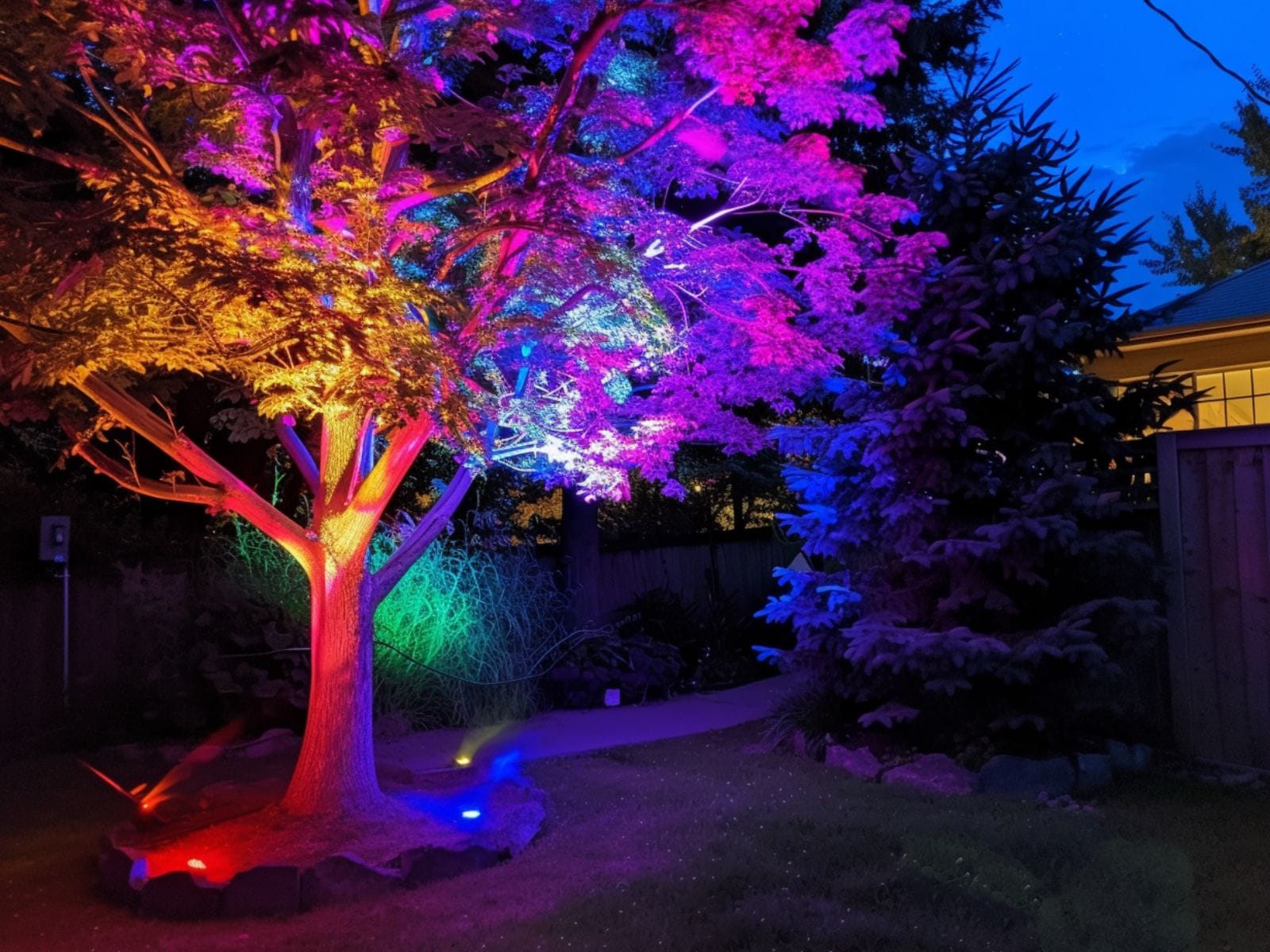 Multicolor in-ground lights placed at the base of a tree 