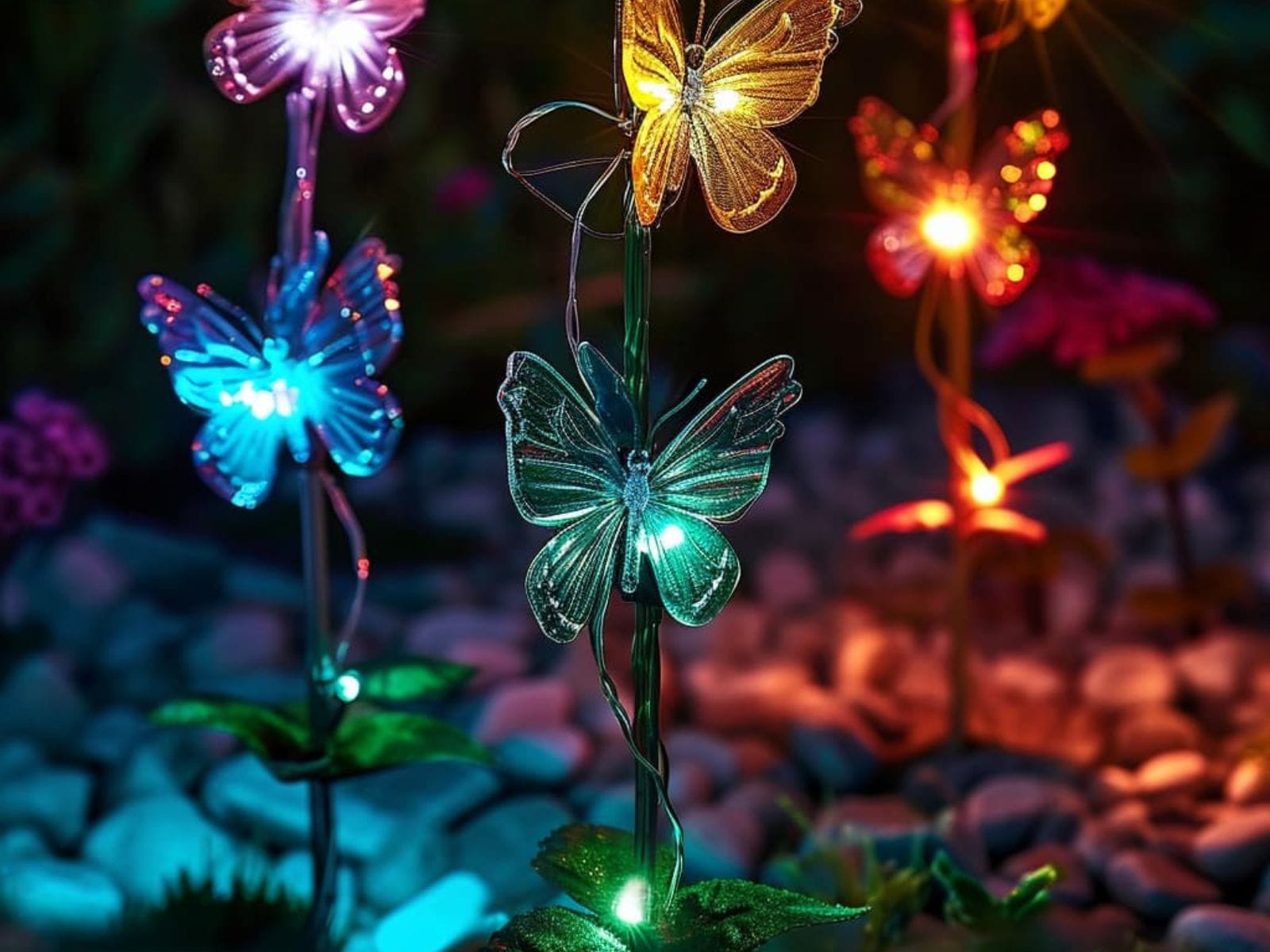 Multicolor butterfly-shaped figurine lights illuminating a garden
