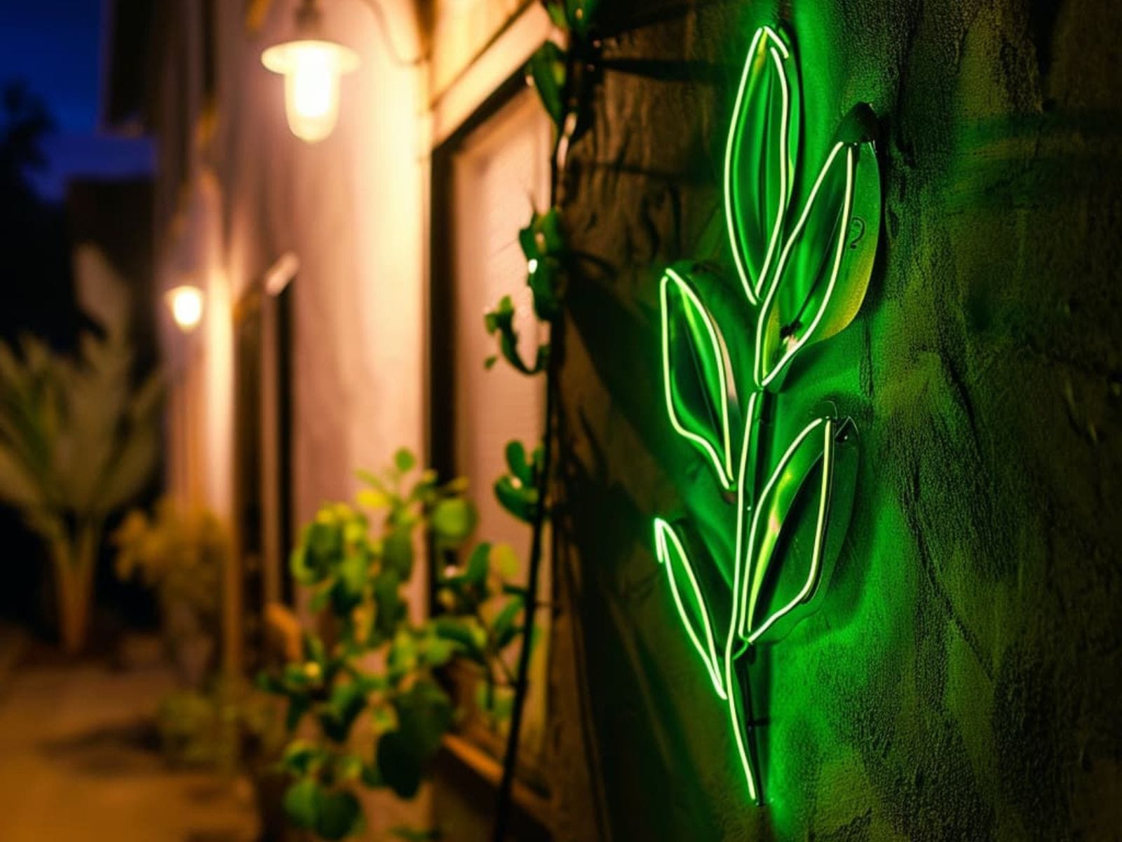 A leaf-shaped LED neon sign decorating a backyard 