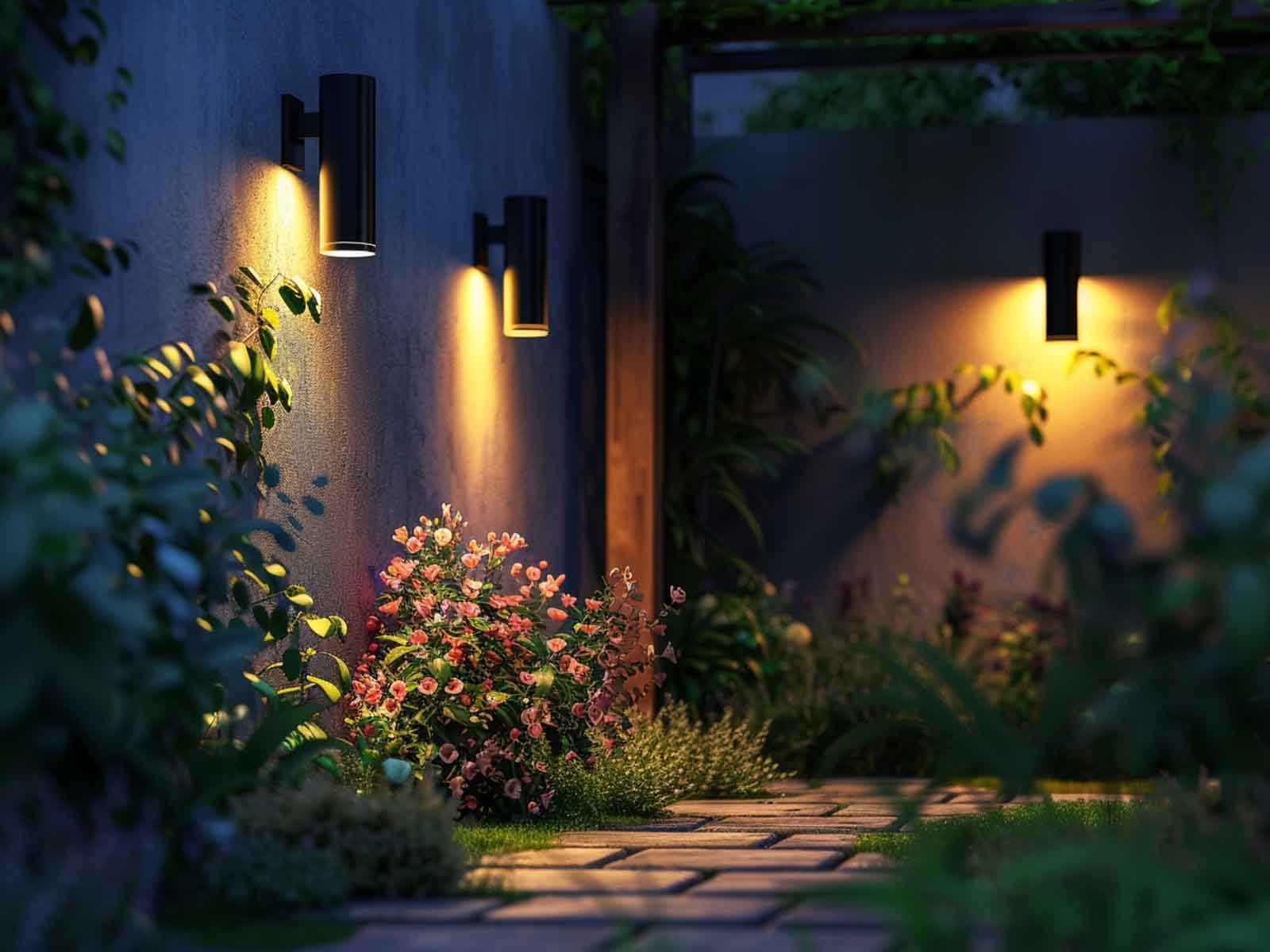 Outdoor wall sconces creating a gentle glow in a garden