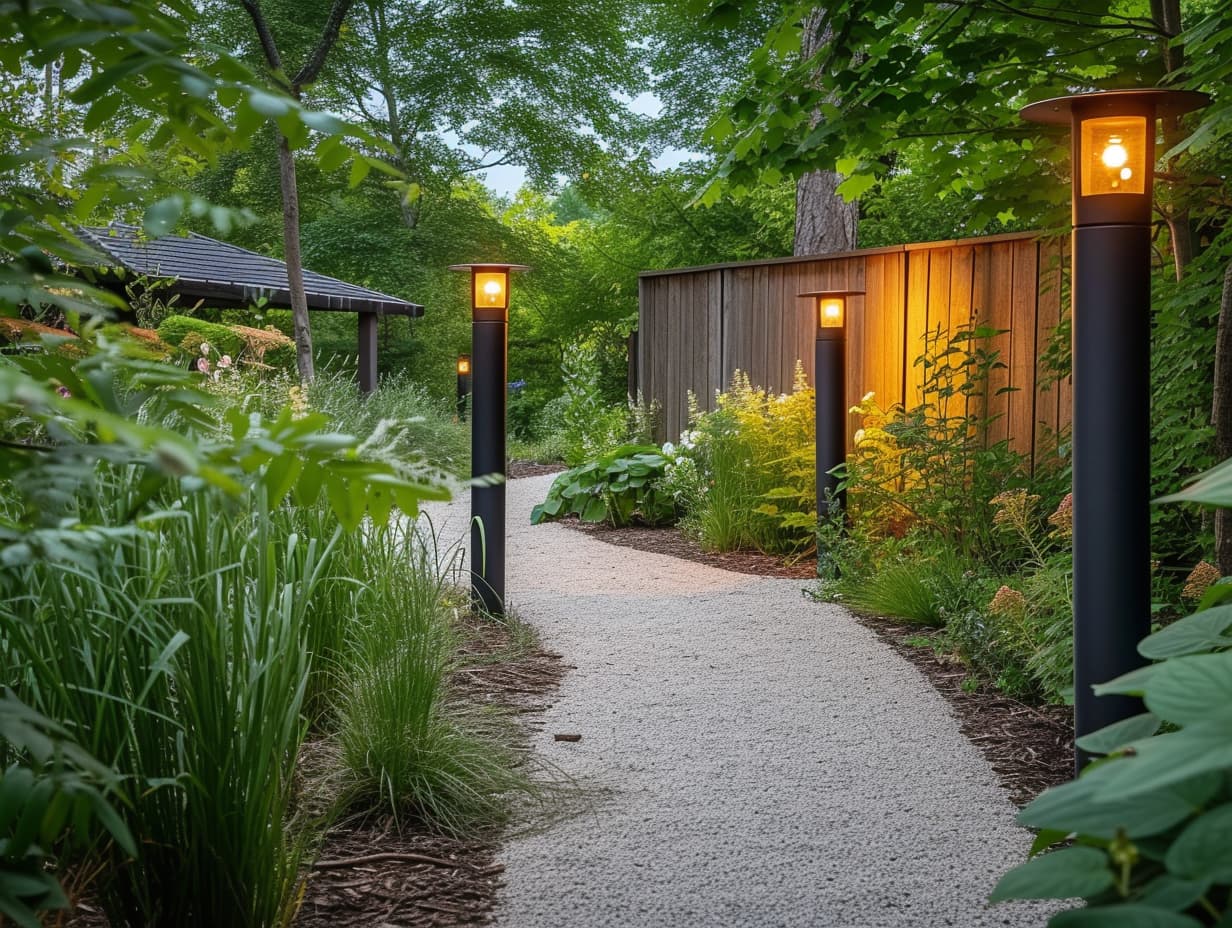 A garden pathway illuminated with lamp posts