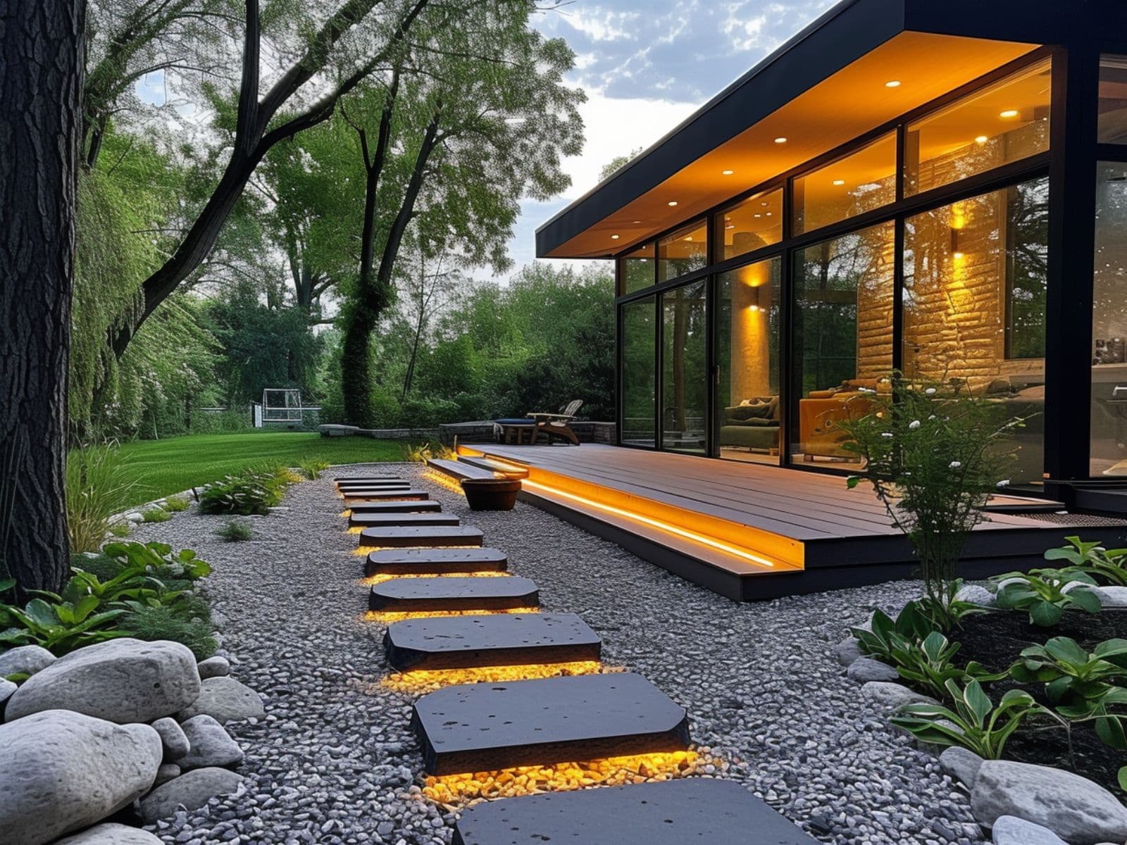 Integrated pathway lights in a garden