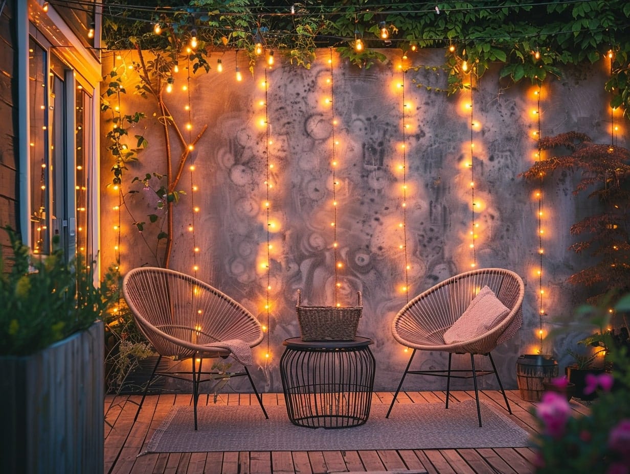 Multiple strands of string lights illuminating a deck wall