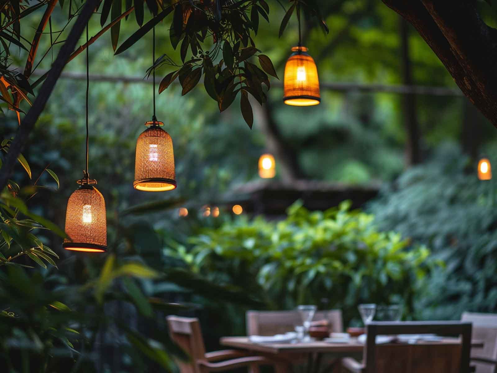 Pendant lights suspended from a garden tree