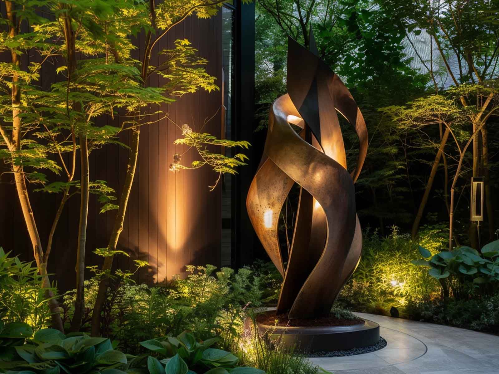 Pivoting spotlights highlighting a large garden sculpture