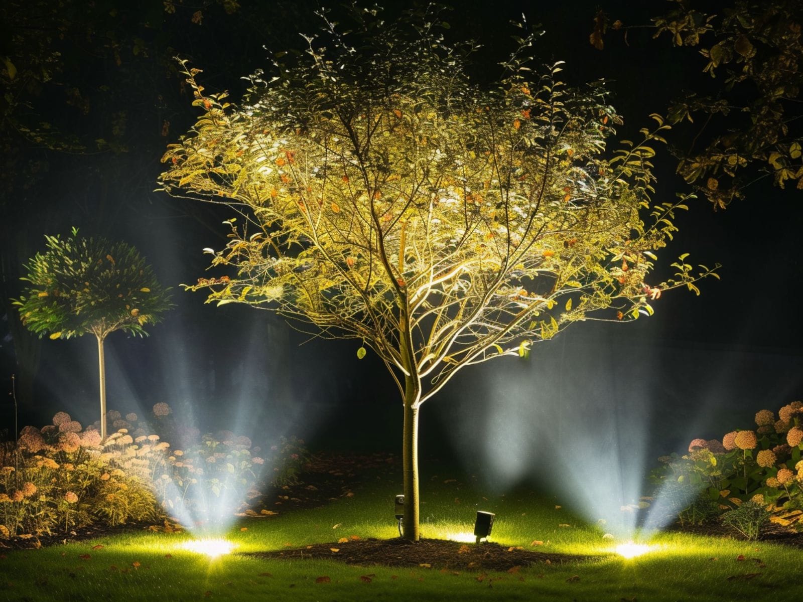 Pivoting spotlights used to illuminate a tree from different angles