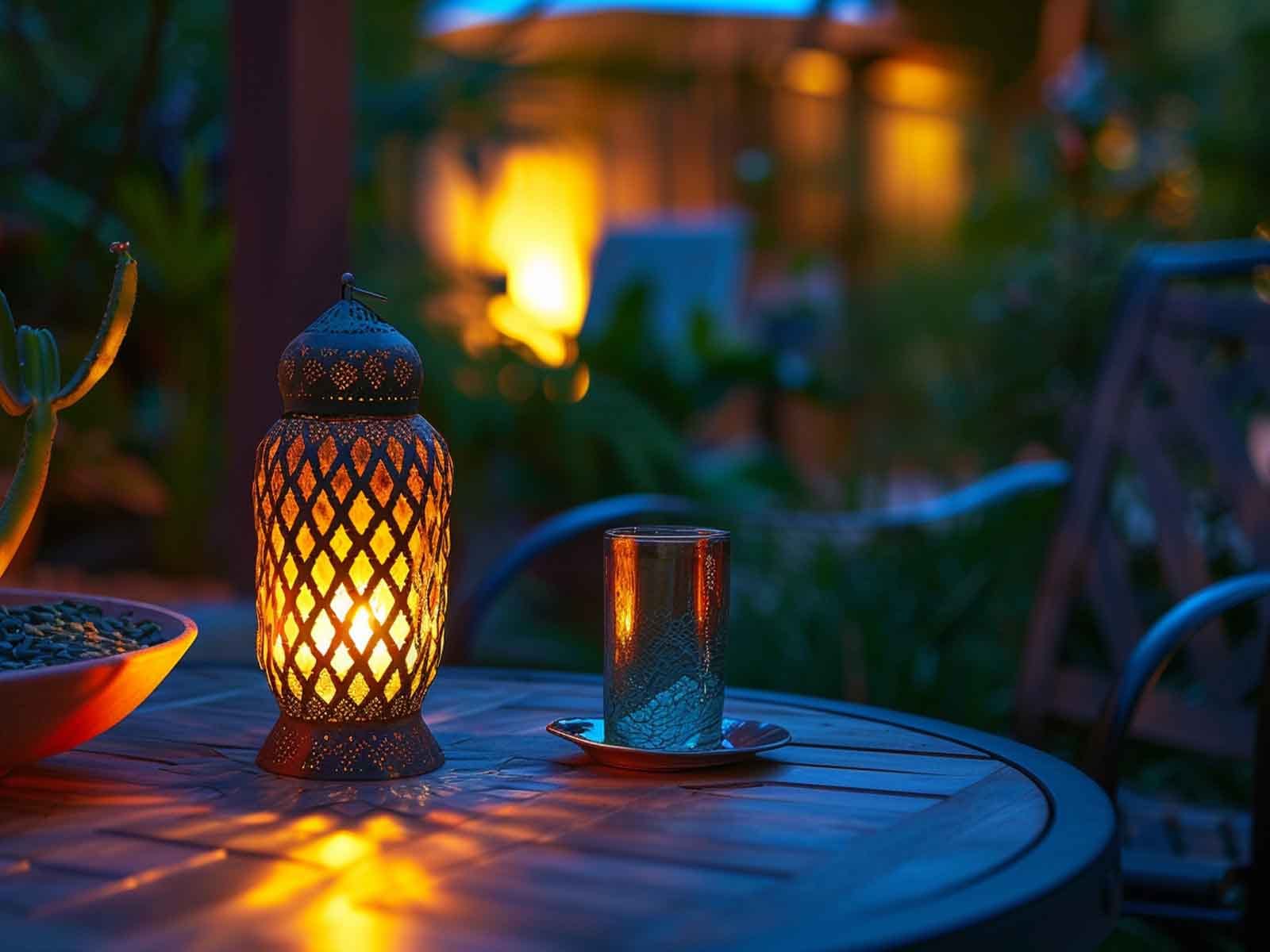 A portable Moroccan lantern decorating a garden table
