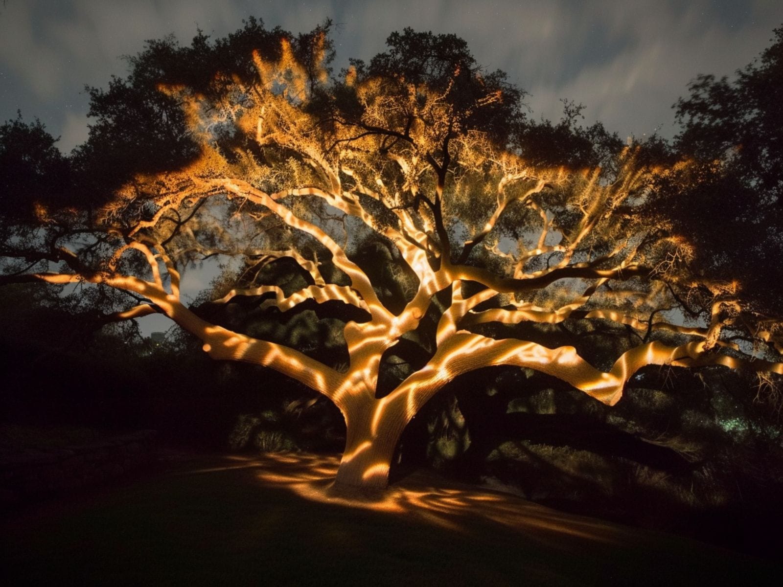 Projection lighting used to cast patterns on a garden tree