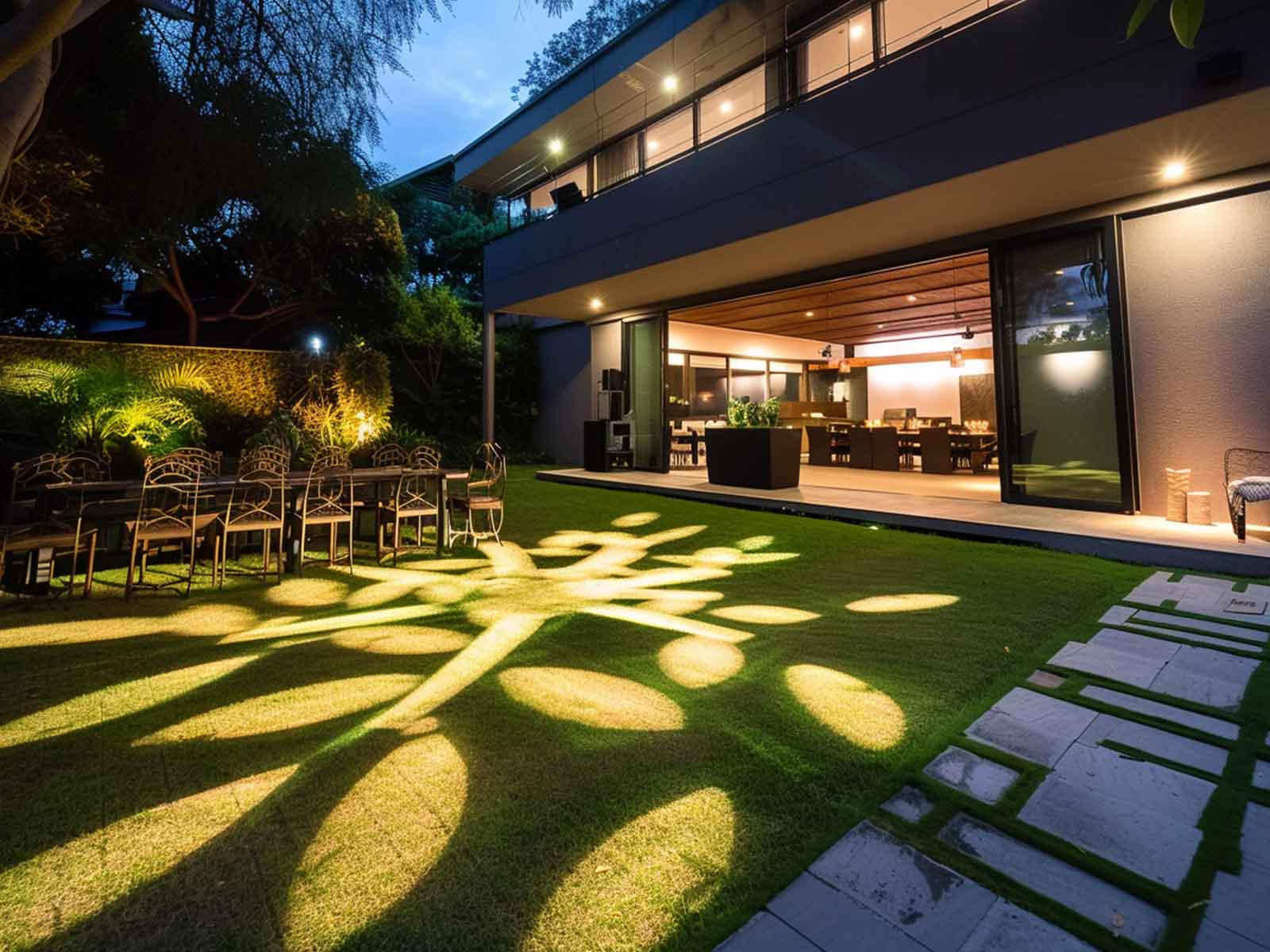 Projection lighting being used to display abstract patterns on a garden lawn