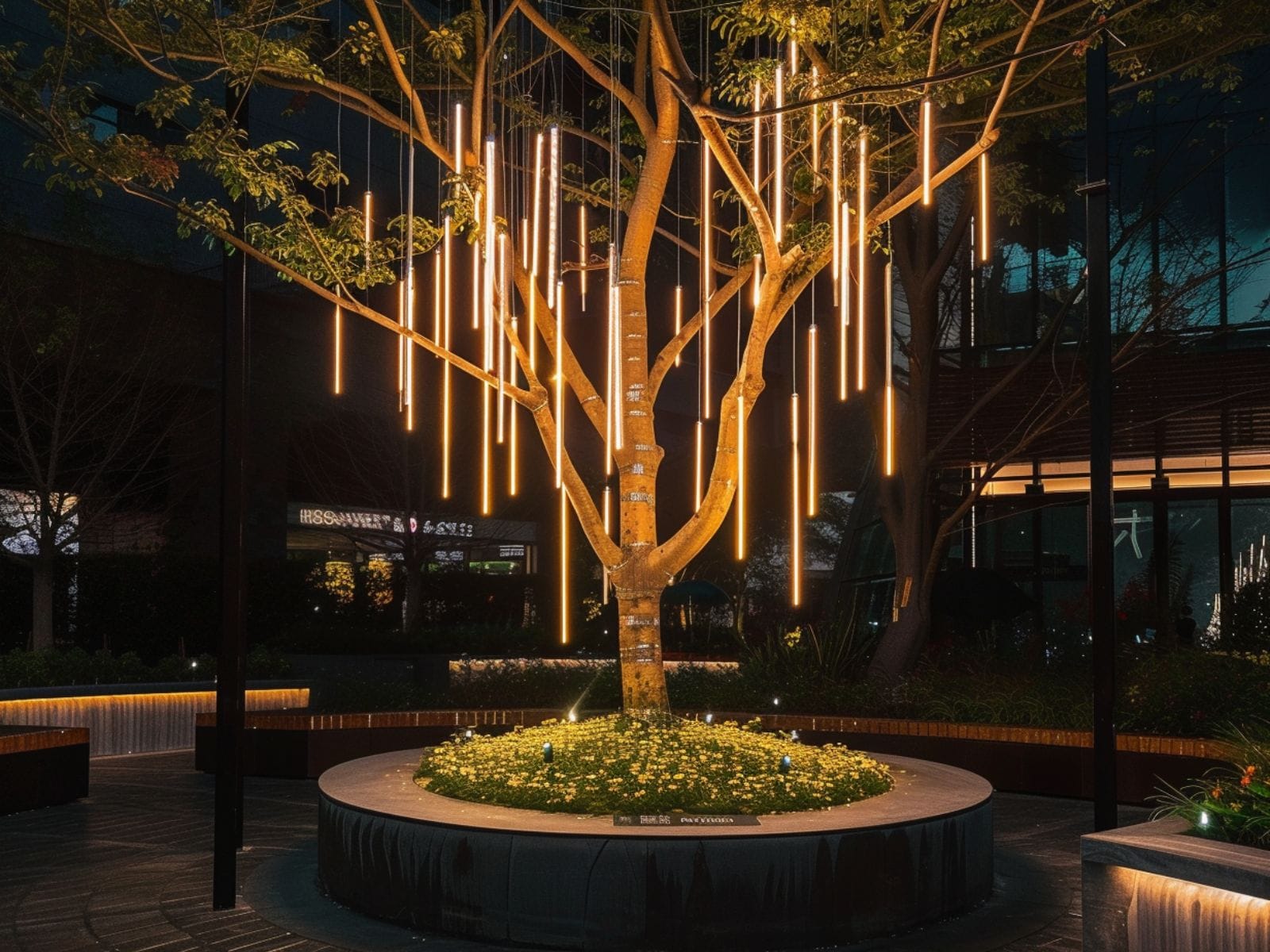 Raindrop lights hanging from tree branches