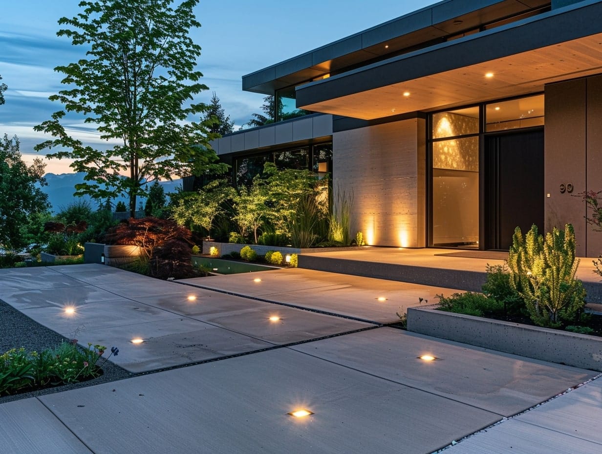 Recessed lights illuminating a house's parking zone