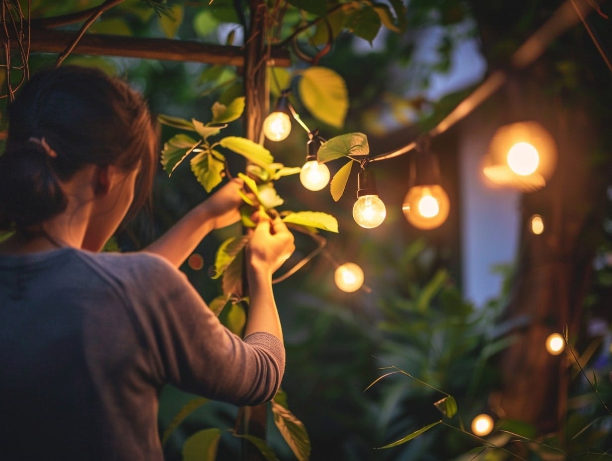 A girl inspecting her outdoor lighting fixtures 