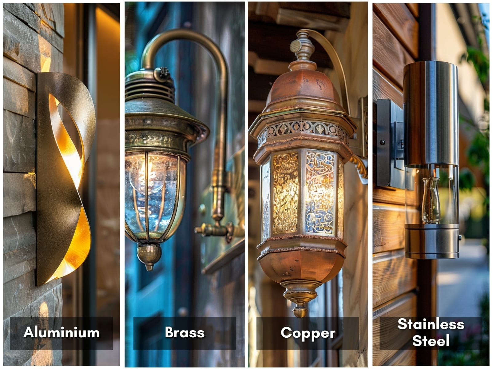 Outdoor lighting fixtures made from aluminum, brass, copper, and stainless steel