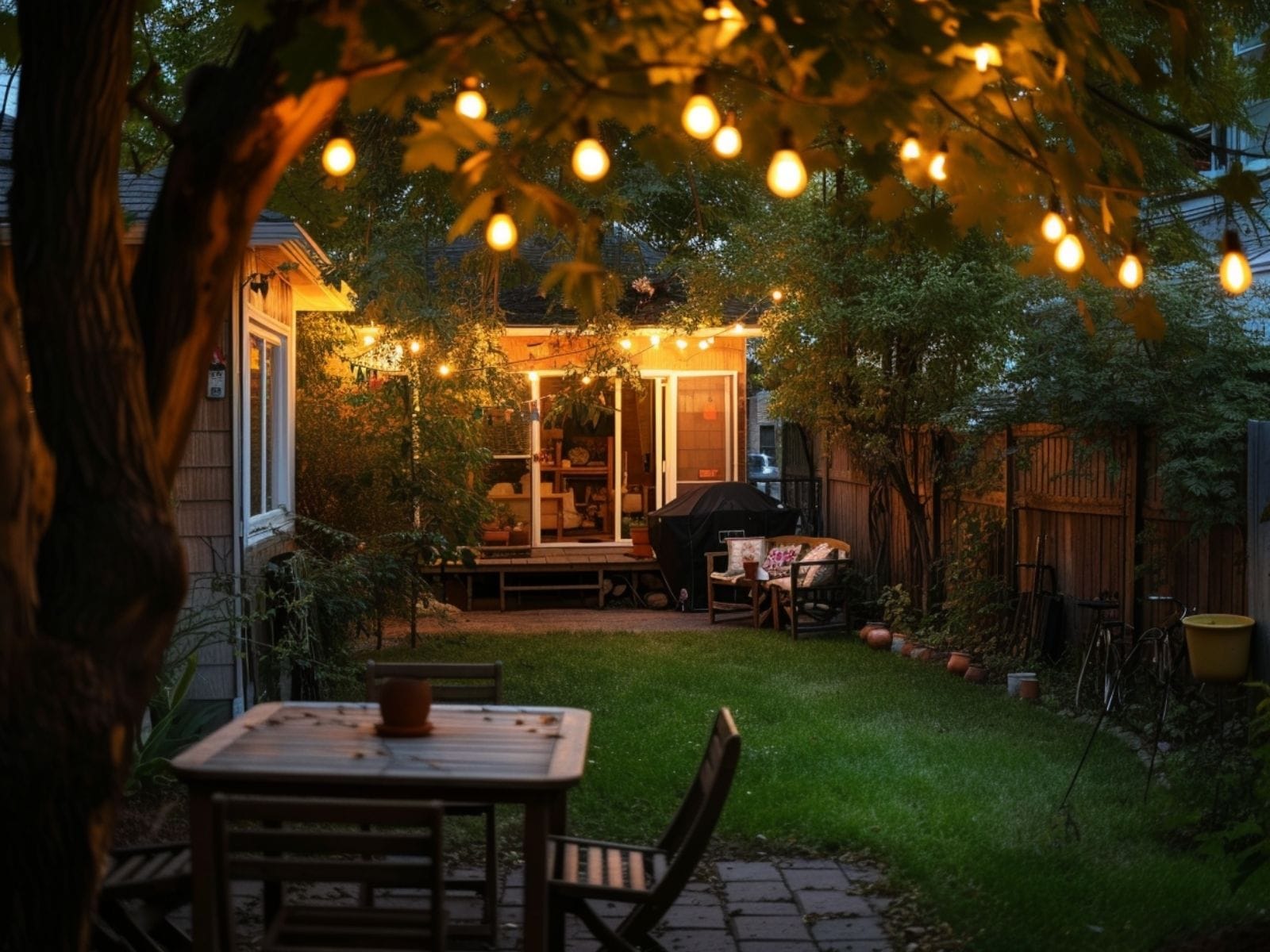 Incandescent bulbs decorating a tree in the backyard