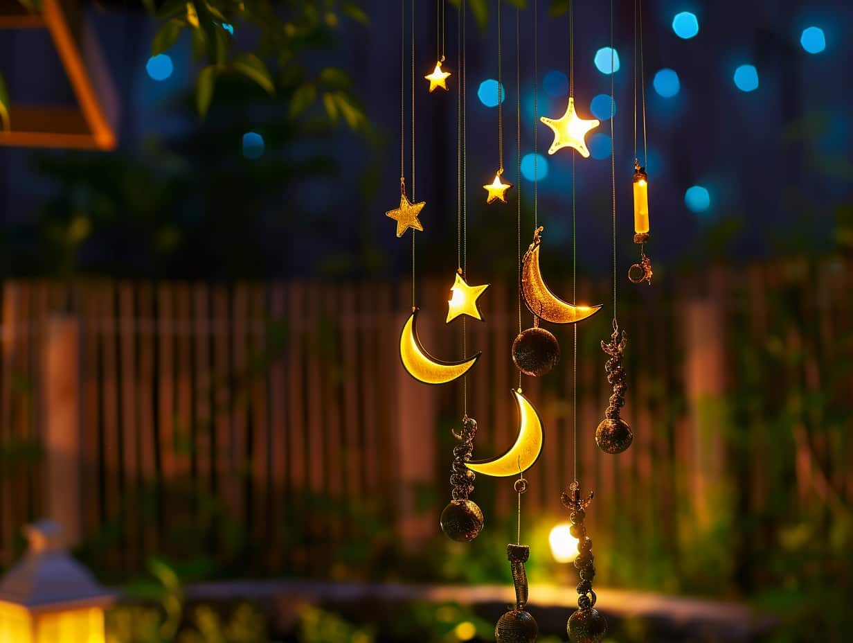 A solar wind chime with stars and moons illuminating a garden at night