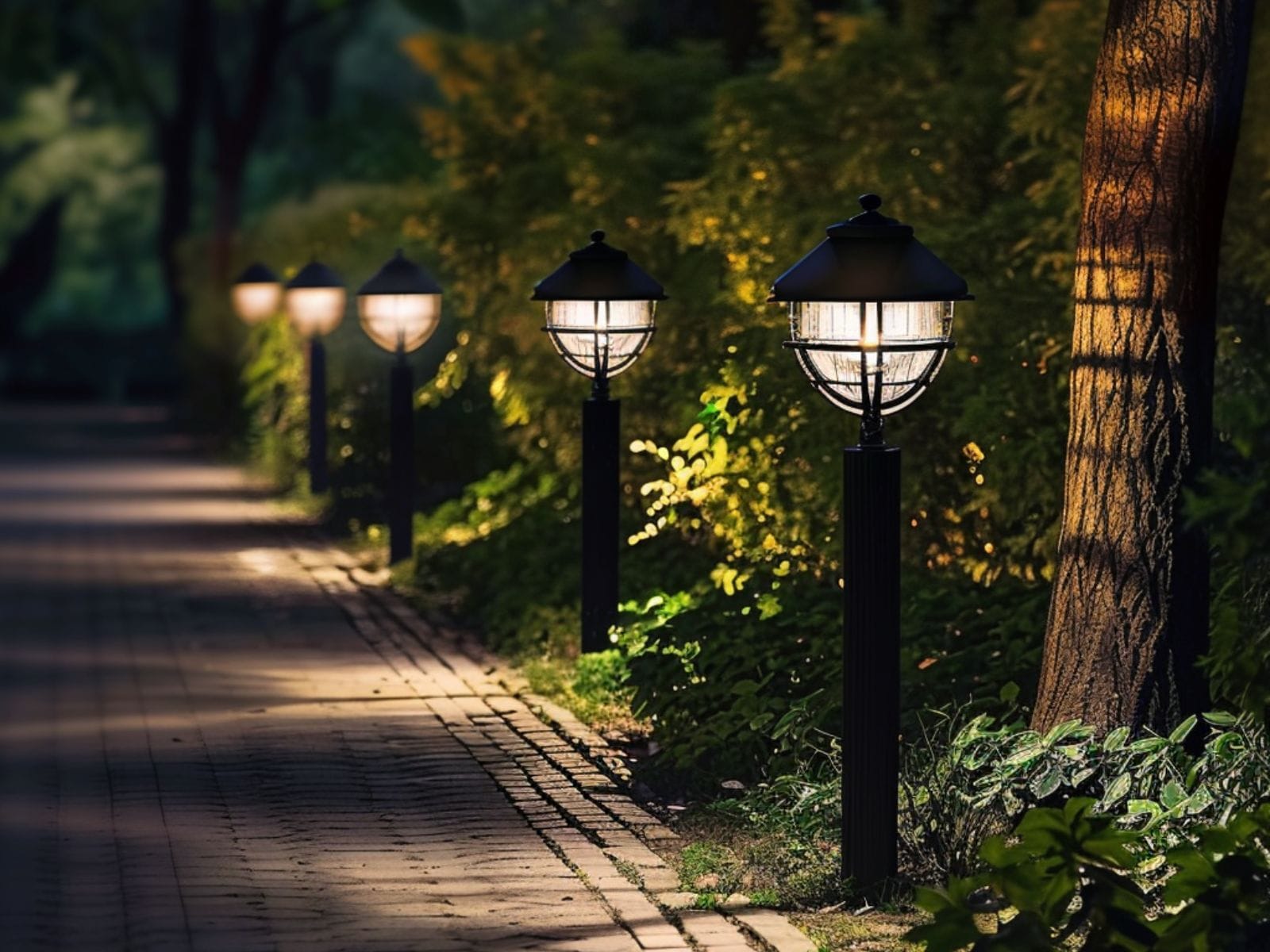 Solar LED lights installed along a yard pathway