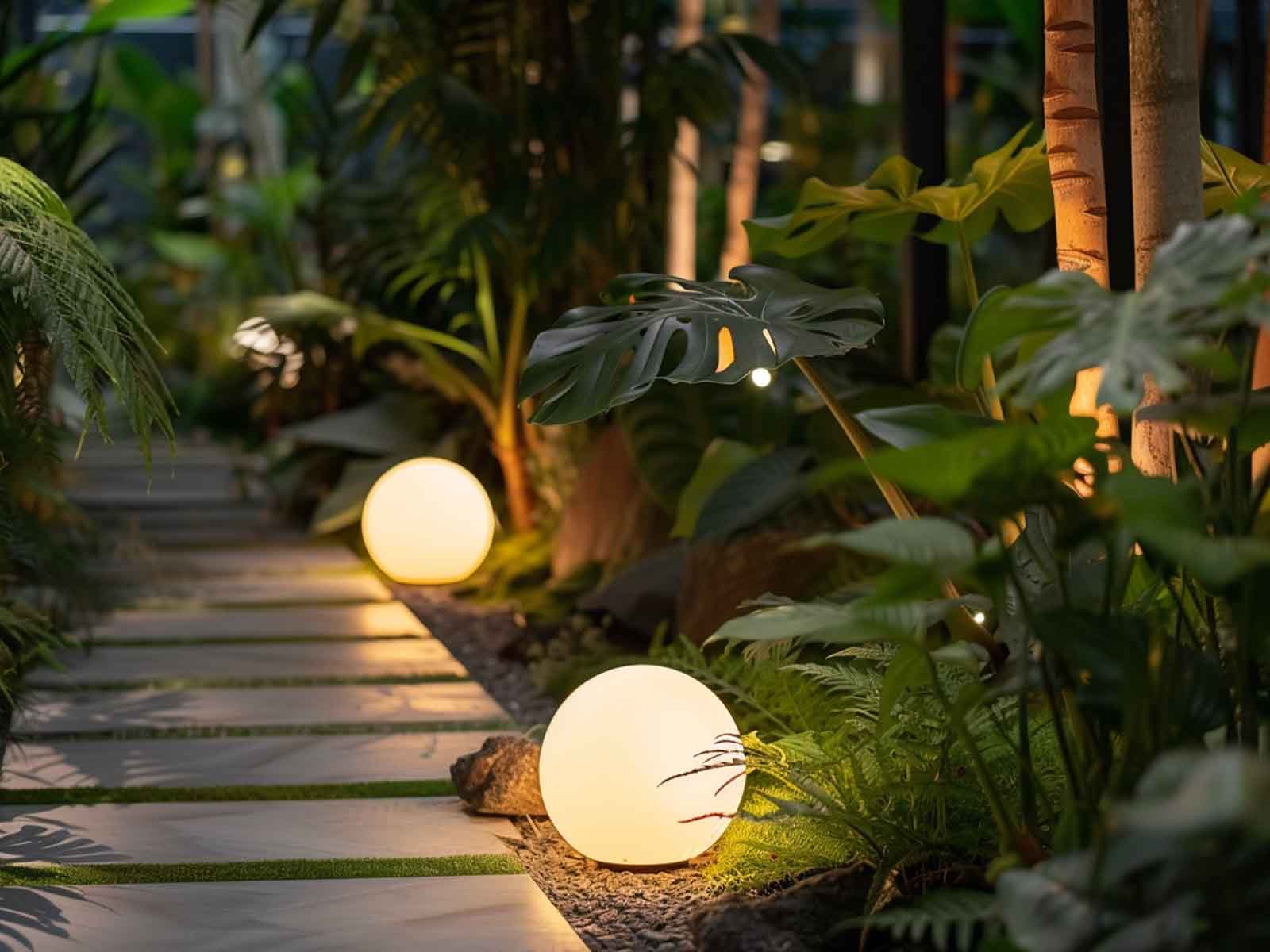 Solar-powered garden globes illuminating a garden's pathway