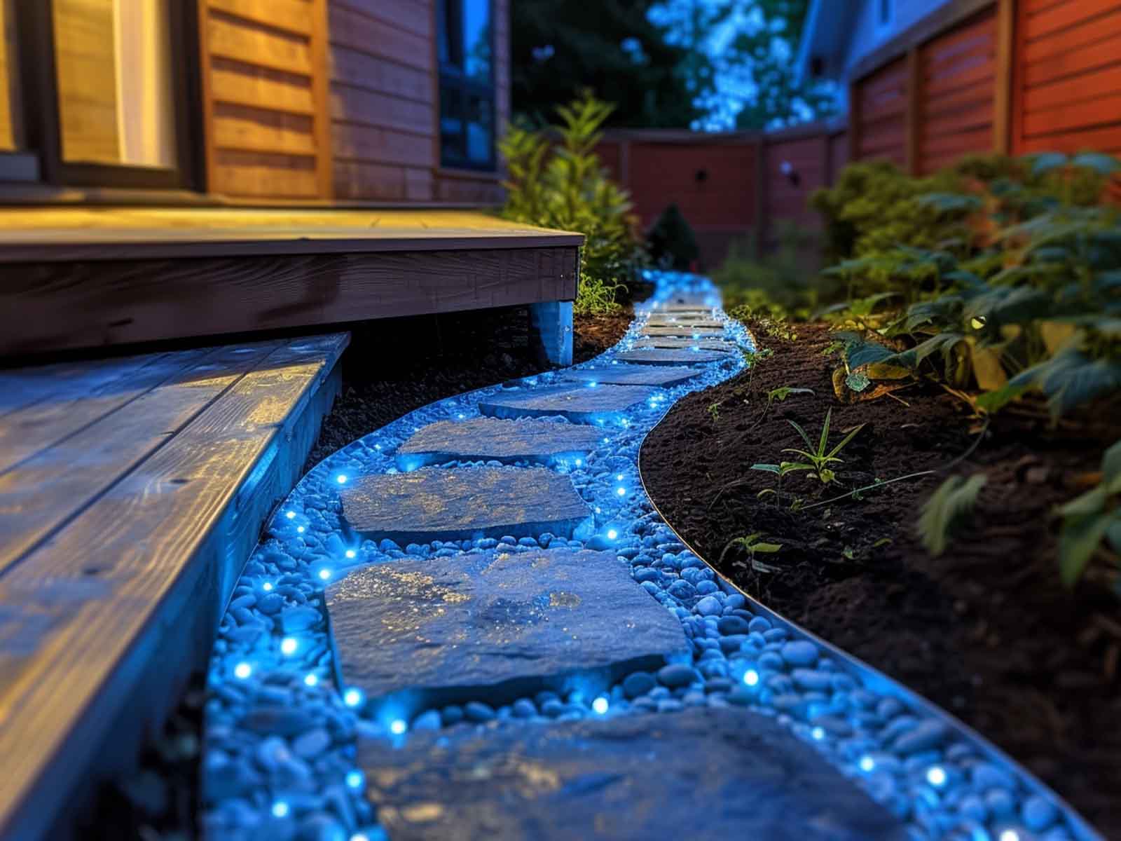 Solar glow stones illuminating a garden pathway
