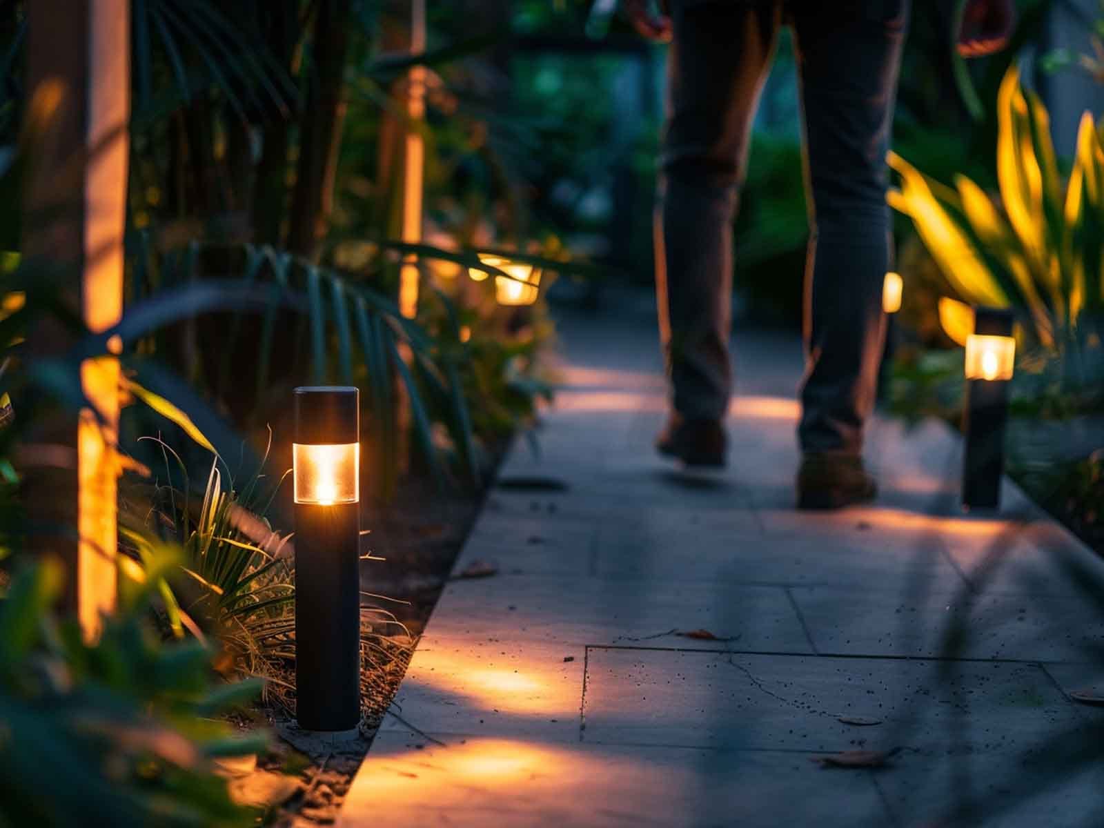 A garden pathway illuminated by solar-powered motion sensor light