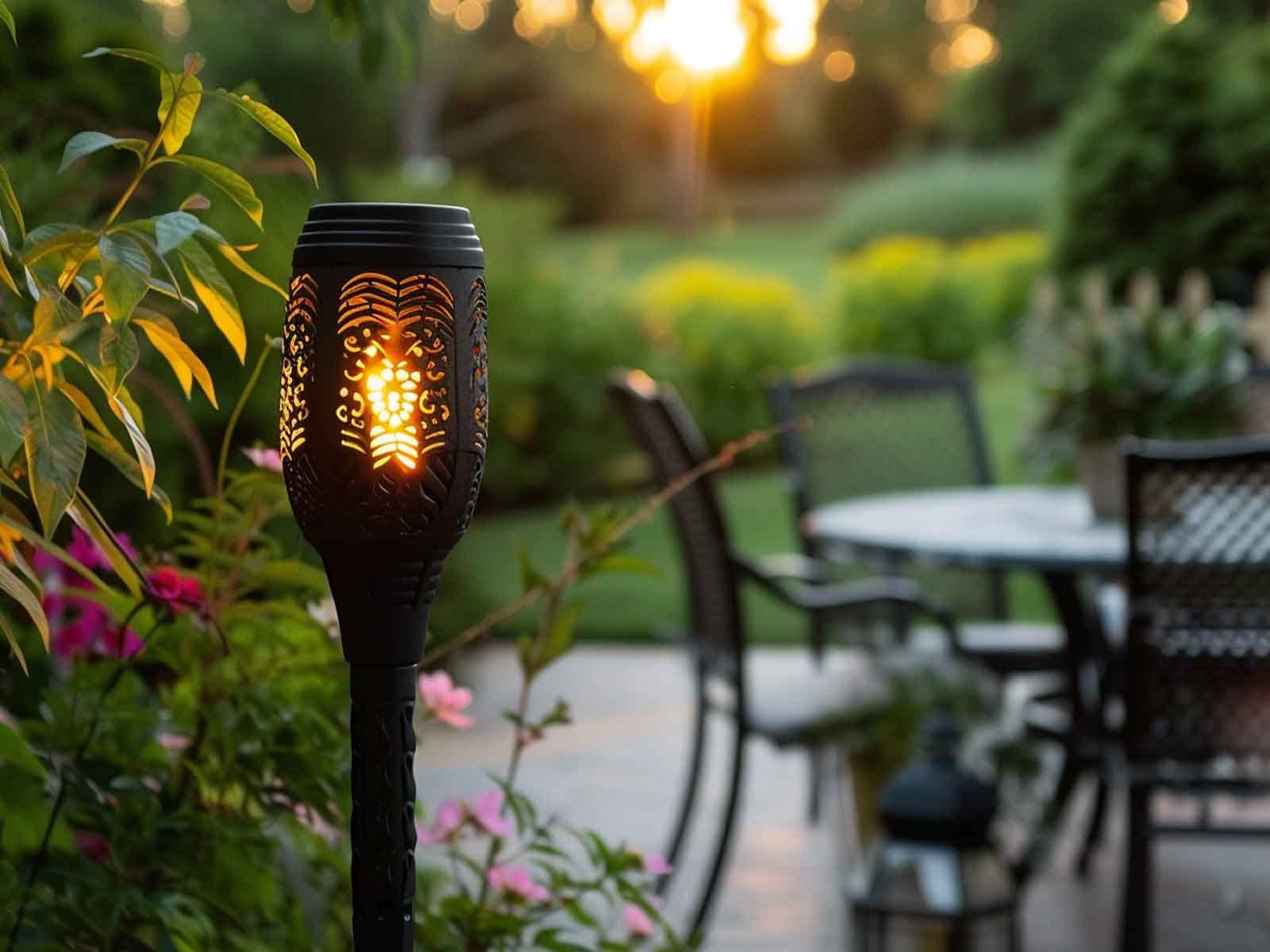 A solar-powered tiki torch installed in a garden