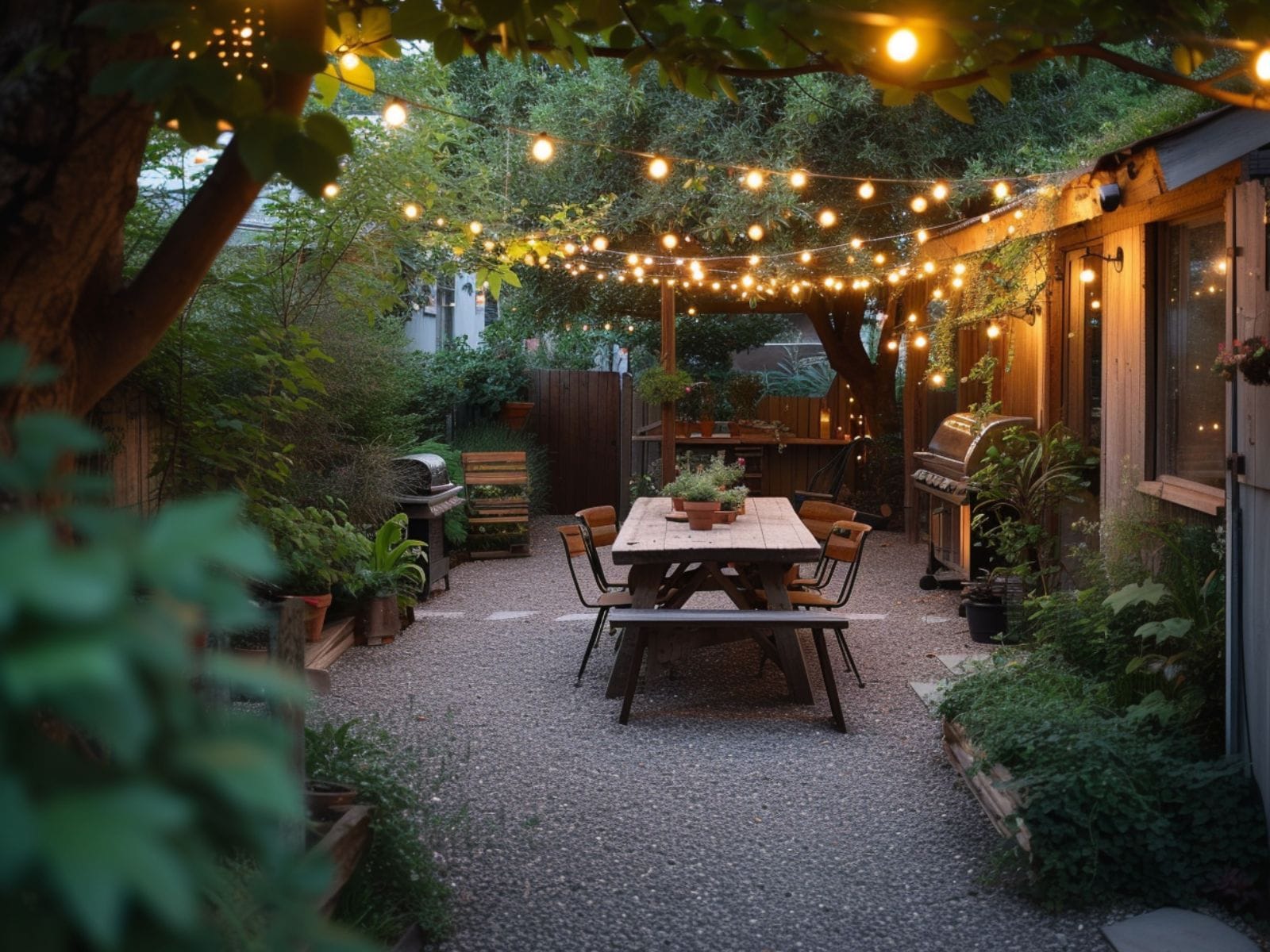 Bulb string lights forming a canopy above an outdoor seating area
