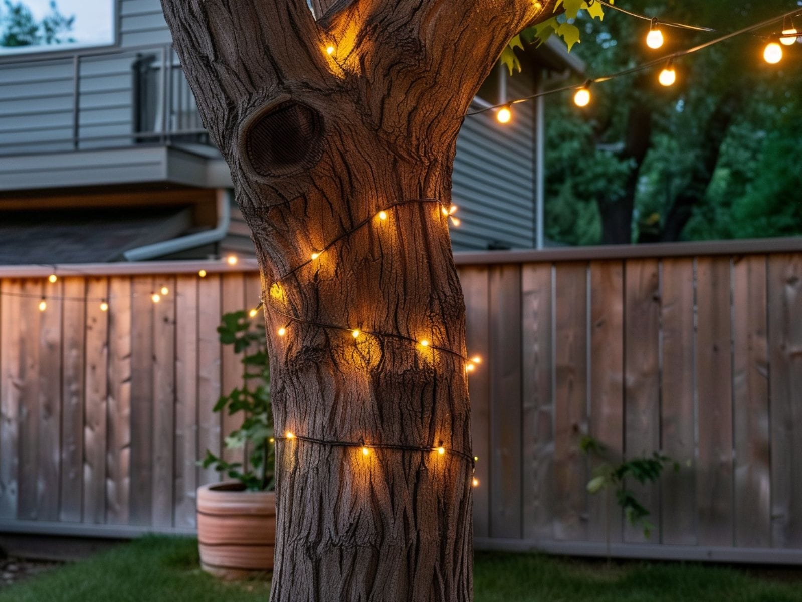 String lights wrapped around a tree trunk in a garden