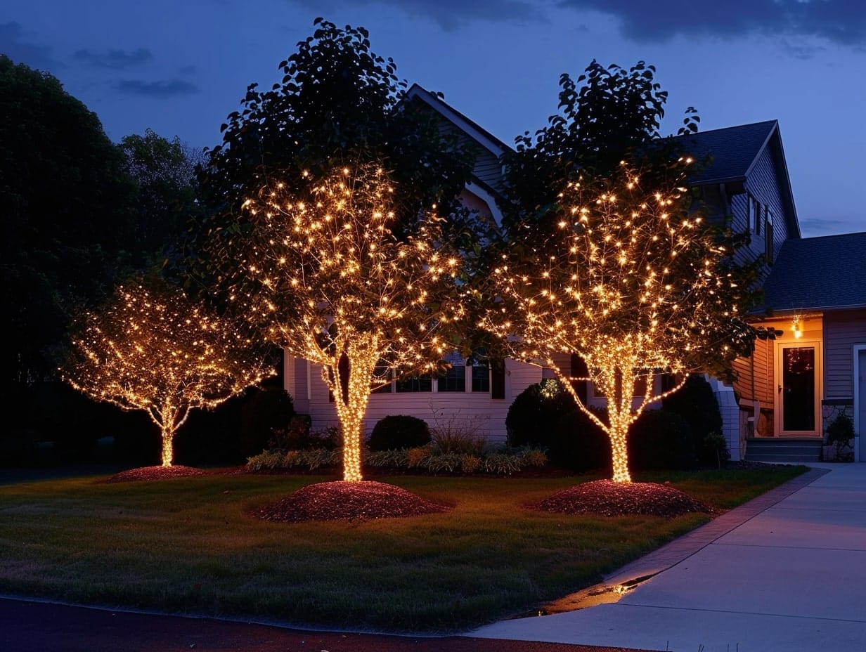 String lights decorating front yard trees