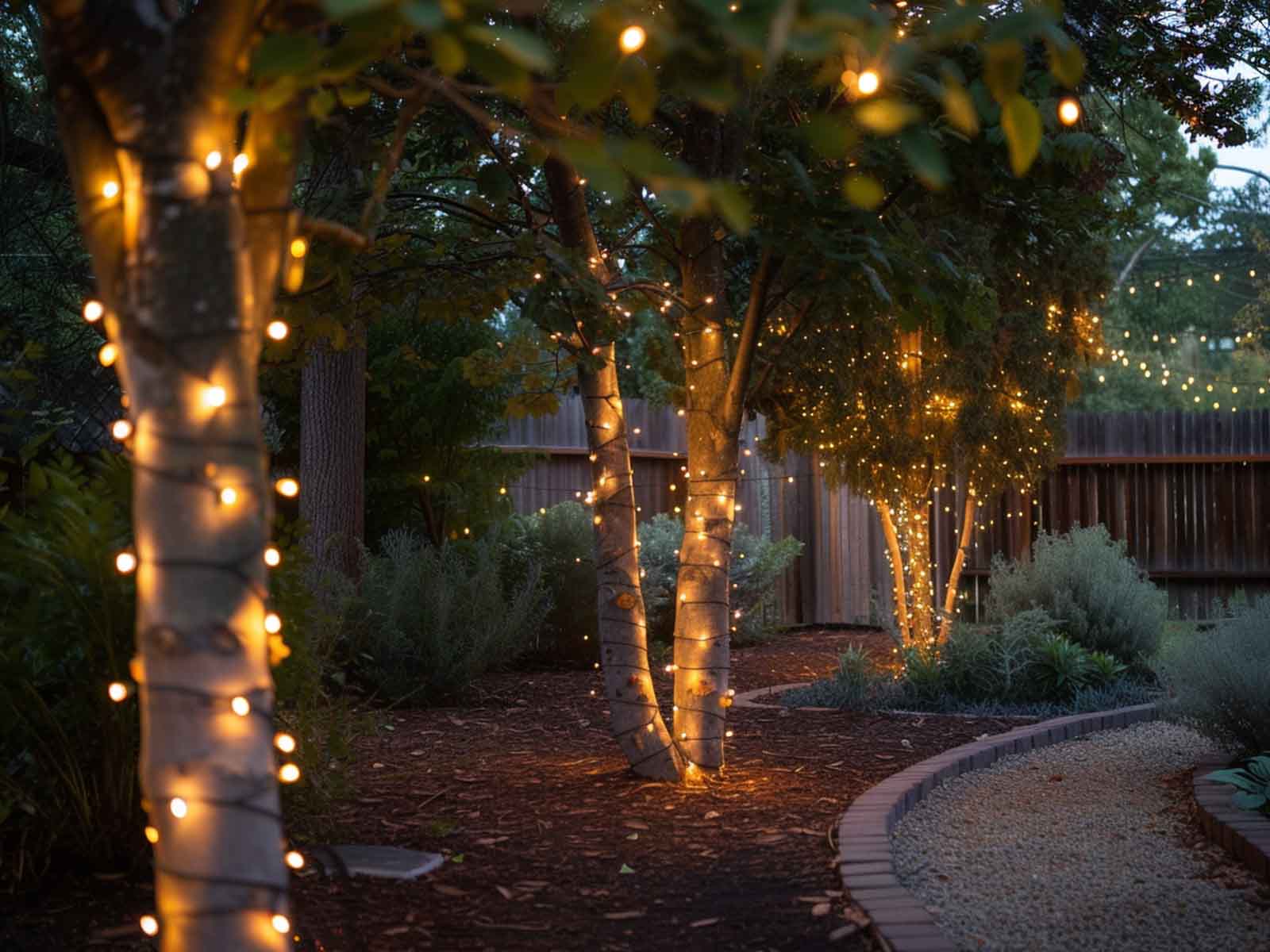 String lights wrapped around tree trucks in a garden