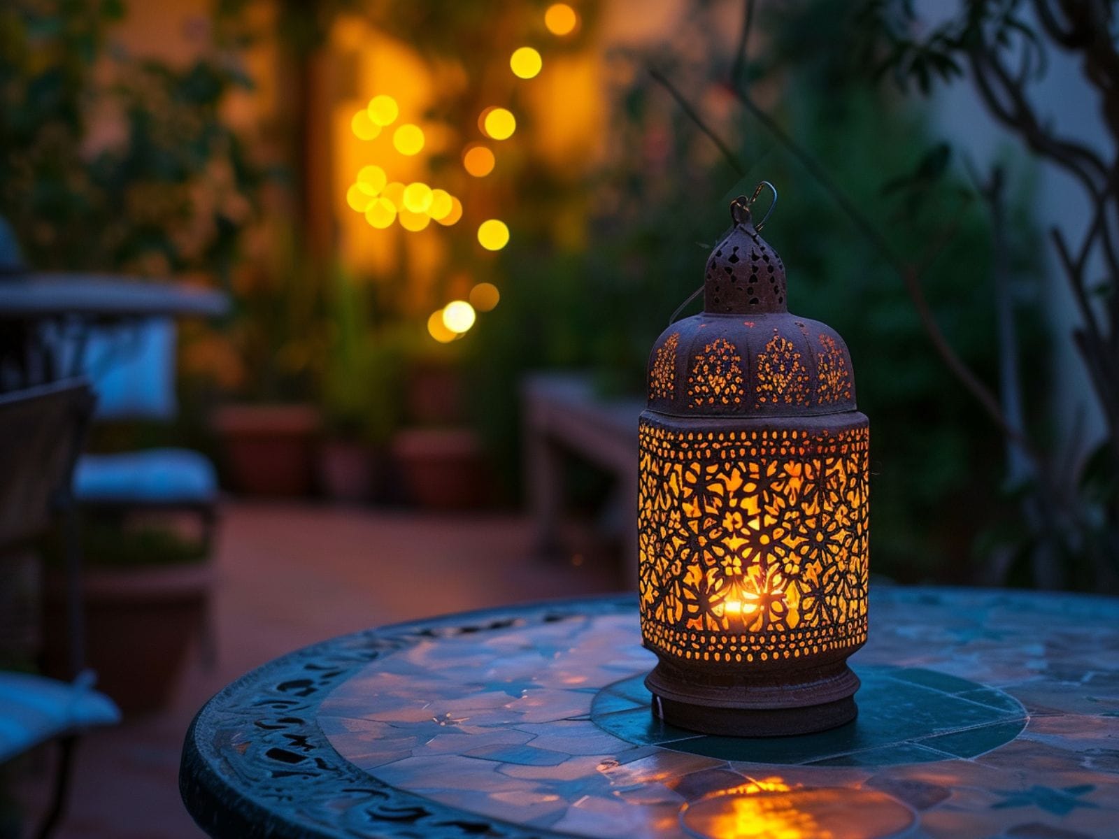 A table lantern illuminating an outdoor seating area