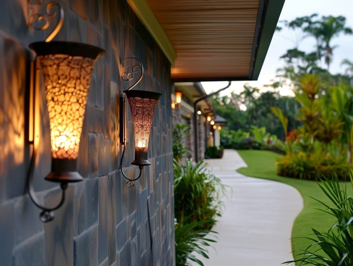Tiki torch wall sconces installed on a garden wall